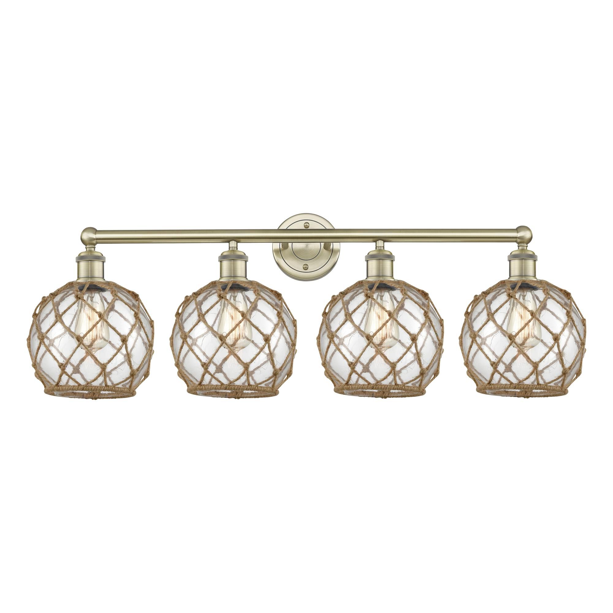 Shown in Antique Brass finish and Clear with Brown Rope glass