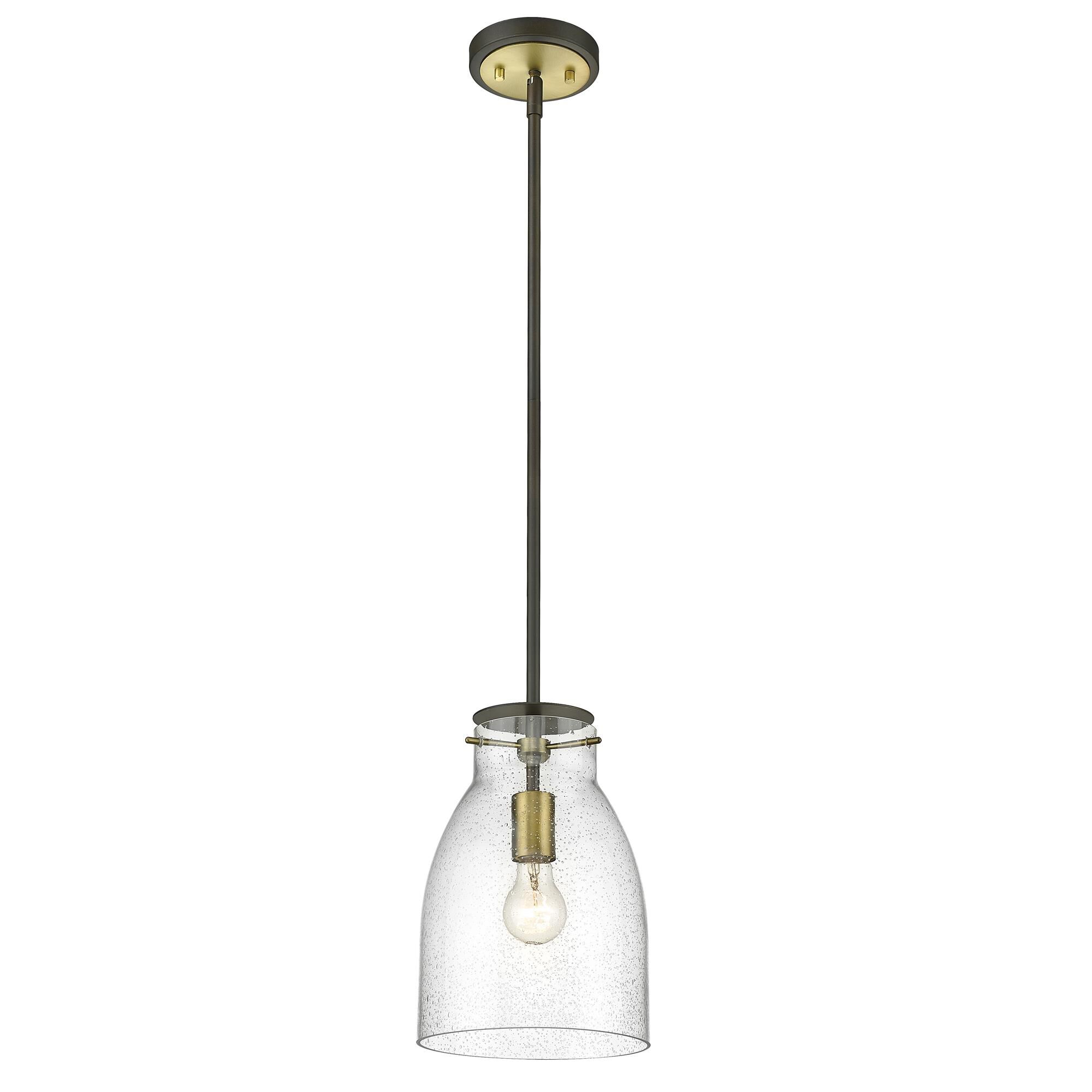 Shown in Oil Rubbed Bronze And Antique Brass finish and Clear Seedy Glass shade