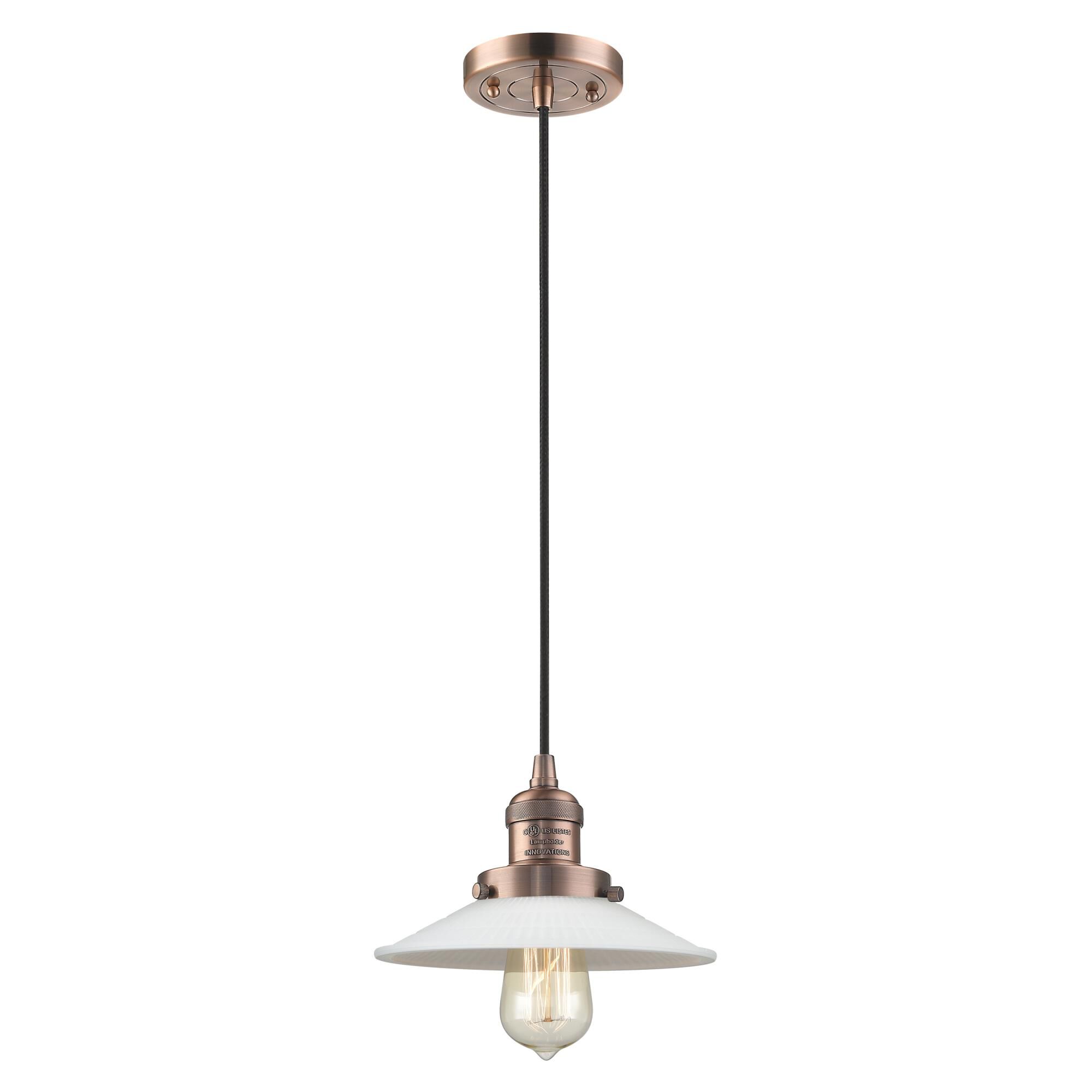 Shown in Antique Copper finish and Matte White Halophane - Cone glass and Black Textured Cord accent