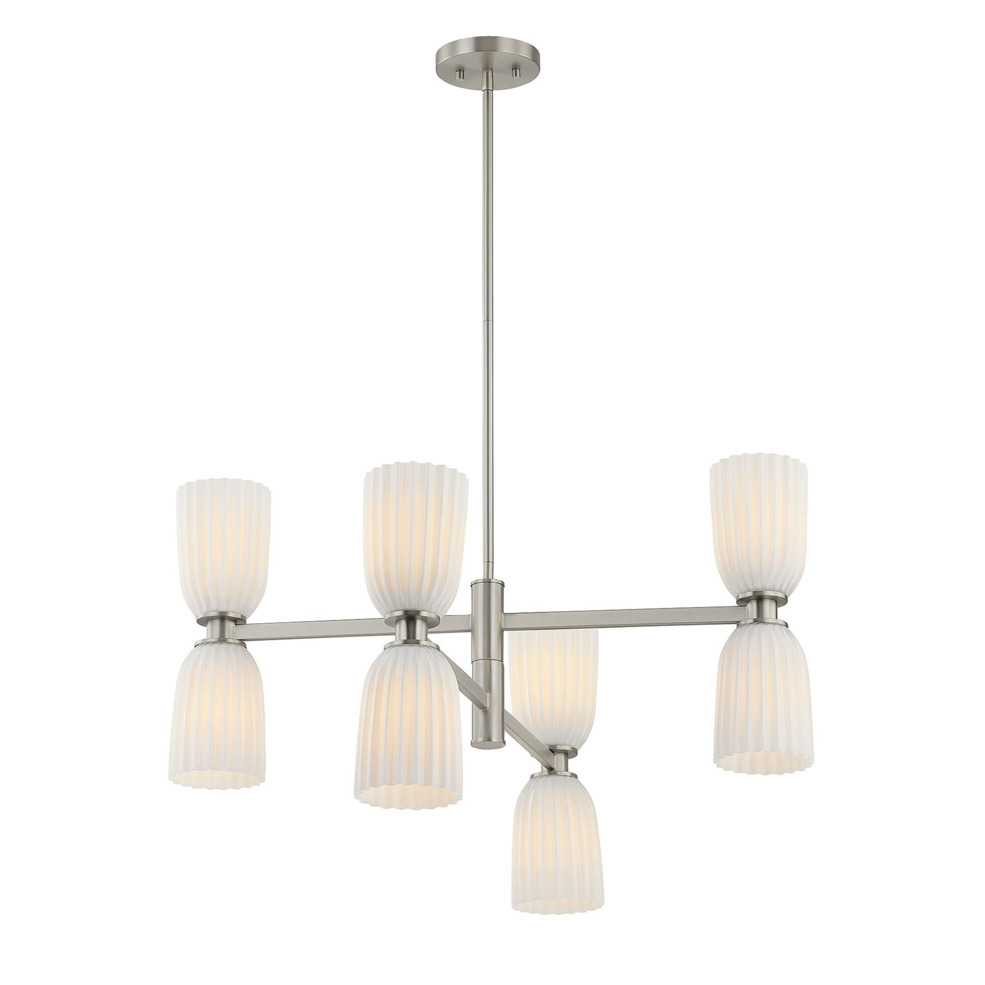 Shown in Satin Nickel finish and White Opal Ribbed glass