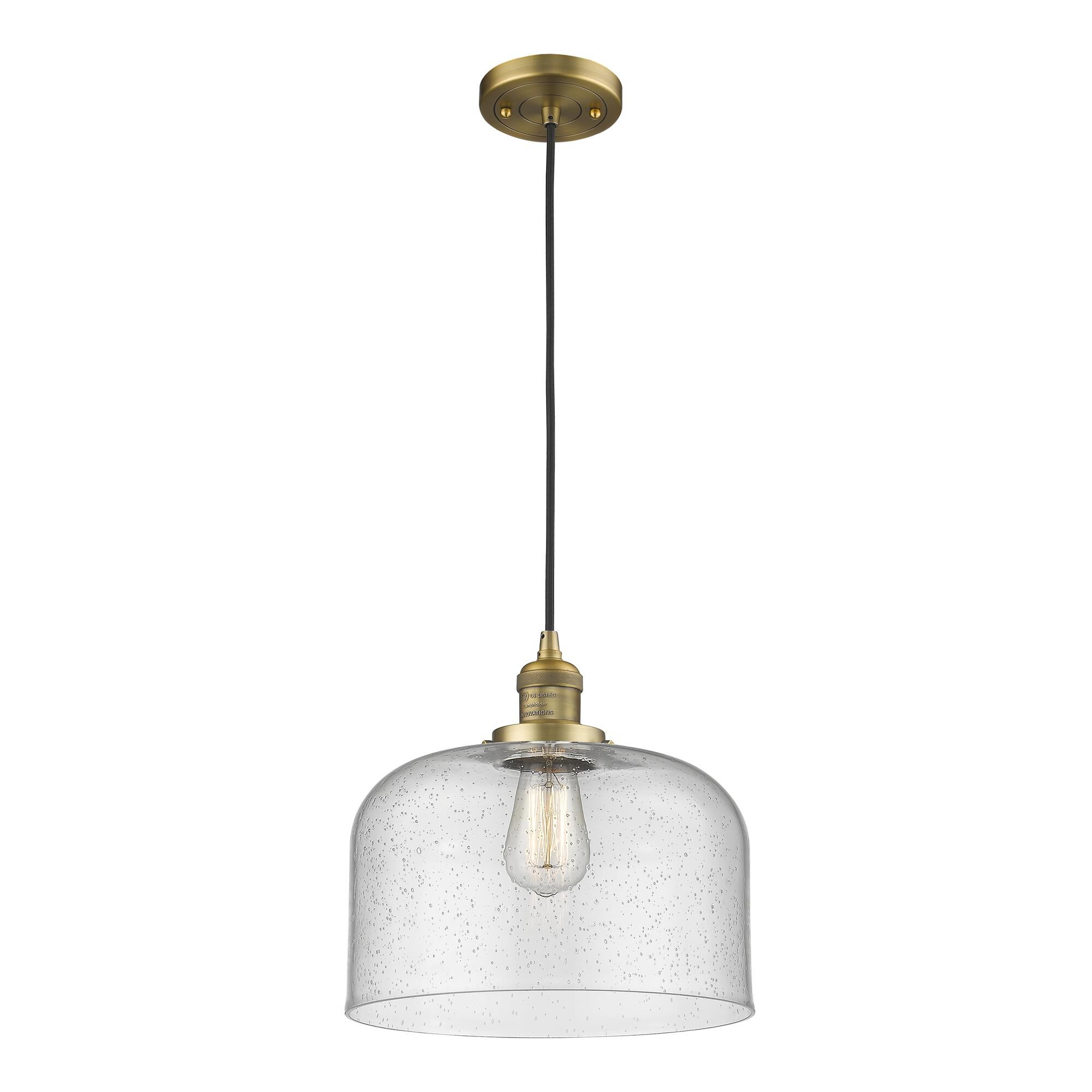 Shown in Brushed Brass finish and Seedy glass