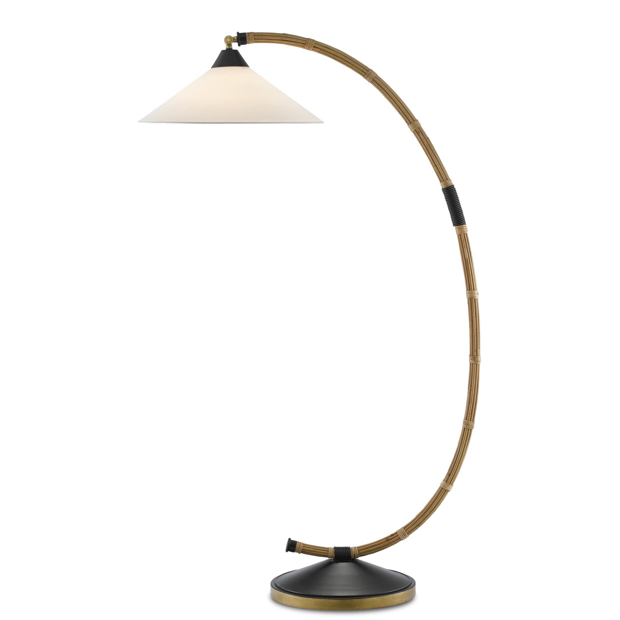 Shown in Natural/Rattan/New Brass/Satin Black finish and Off-White Shantung shade