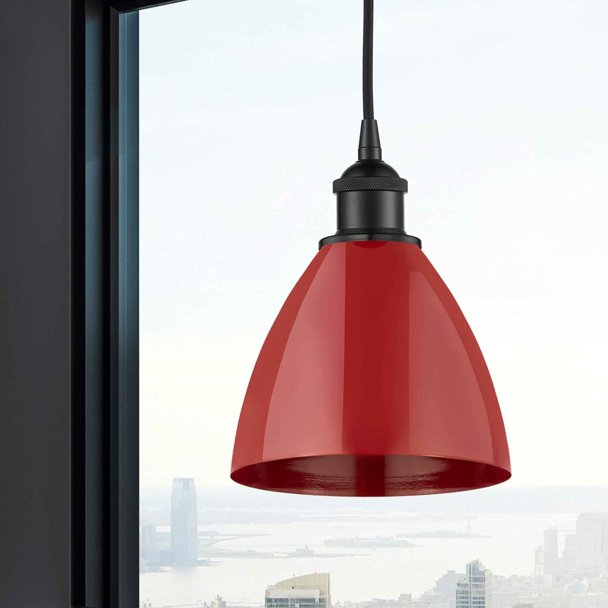 Shown in Matte Black finish and Red Plymouth Dome shade