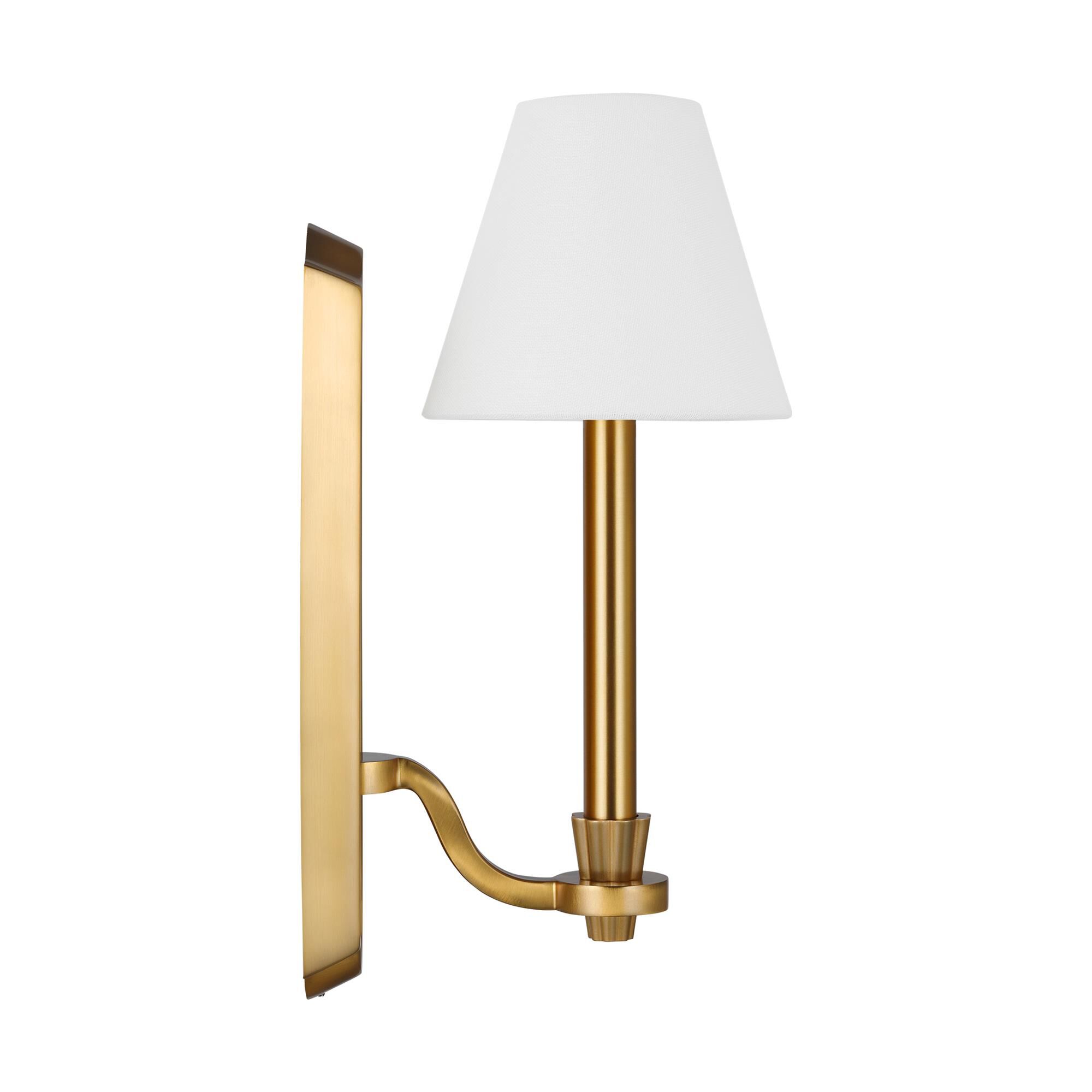 Shown in Burnished Brass finish and White Linen Fabric shade