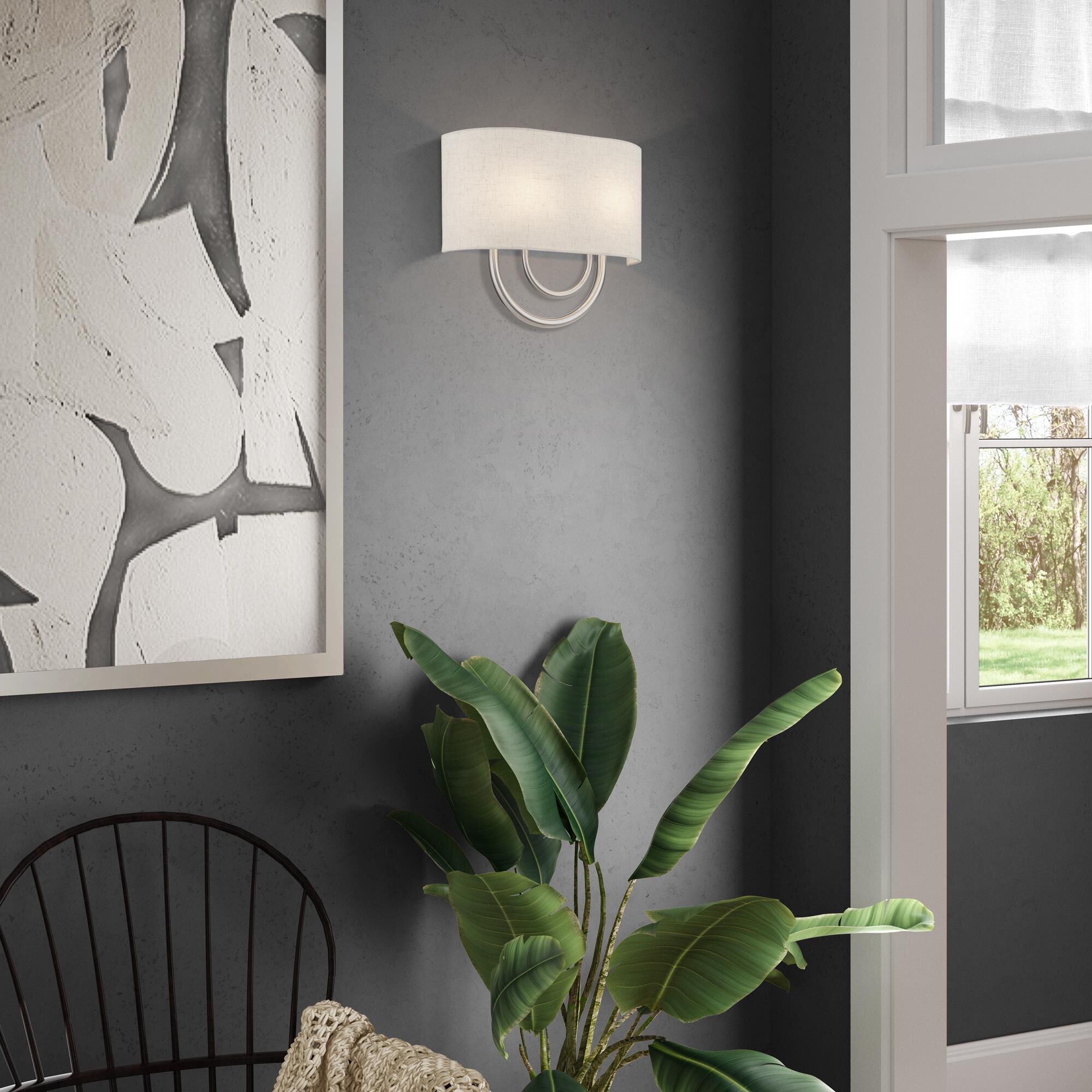 Shown in Brushed Nickel finish and Hand Crafted Oatmeal Color Fabric Hardback with White Fabric Inside shade