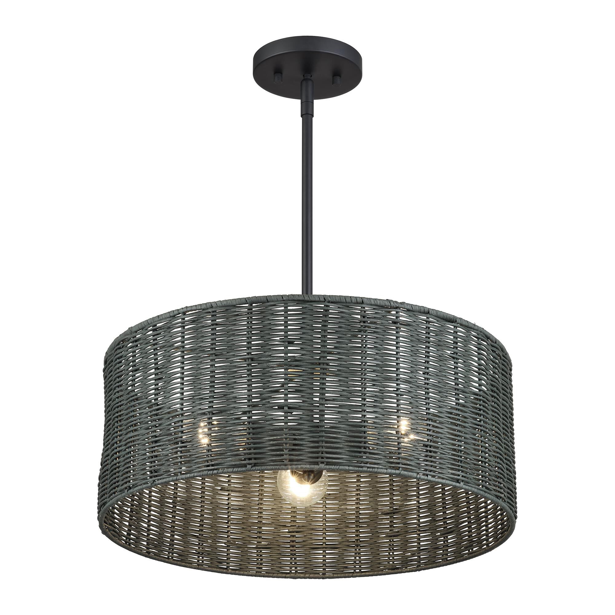 Shown in Black finish and Hand-Woven Charred Gray Color Rattan shade