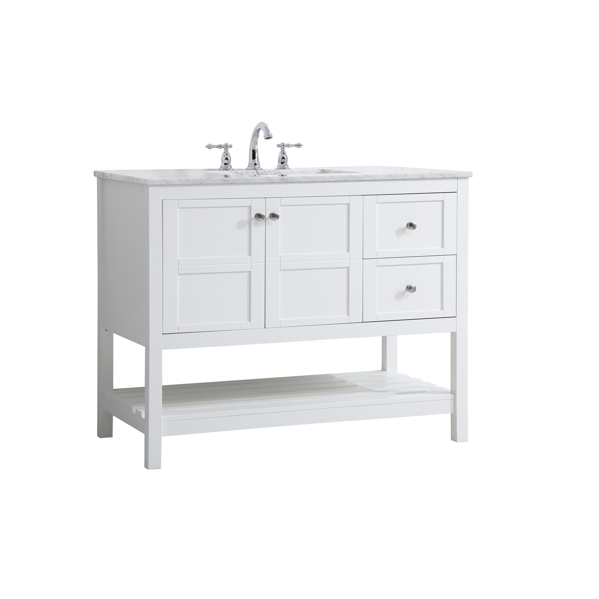 Shown in White And Brushed Nickel With Carrara White Marble finish