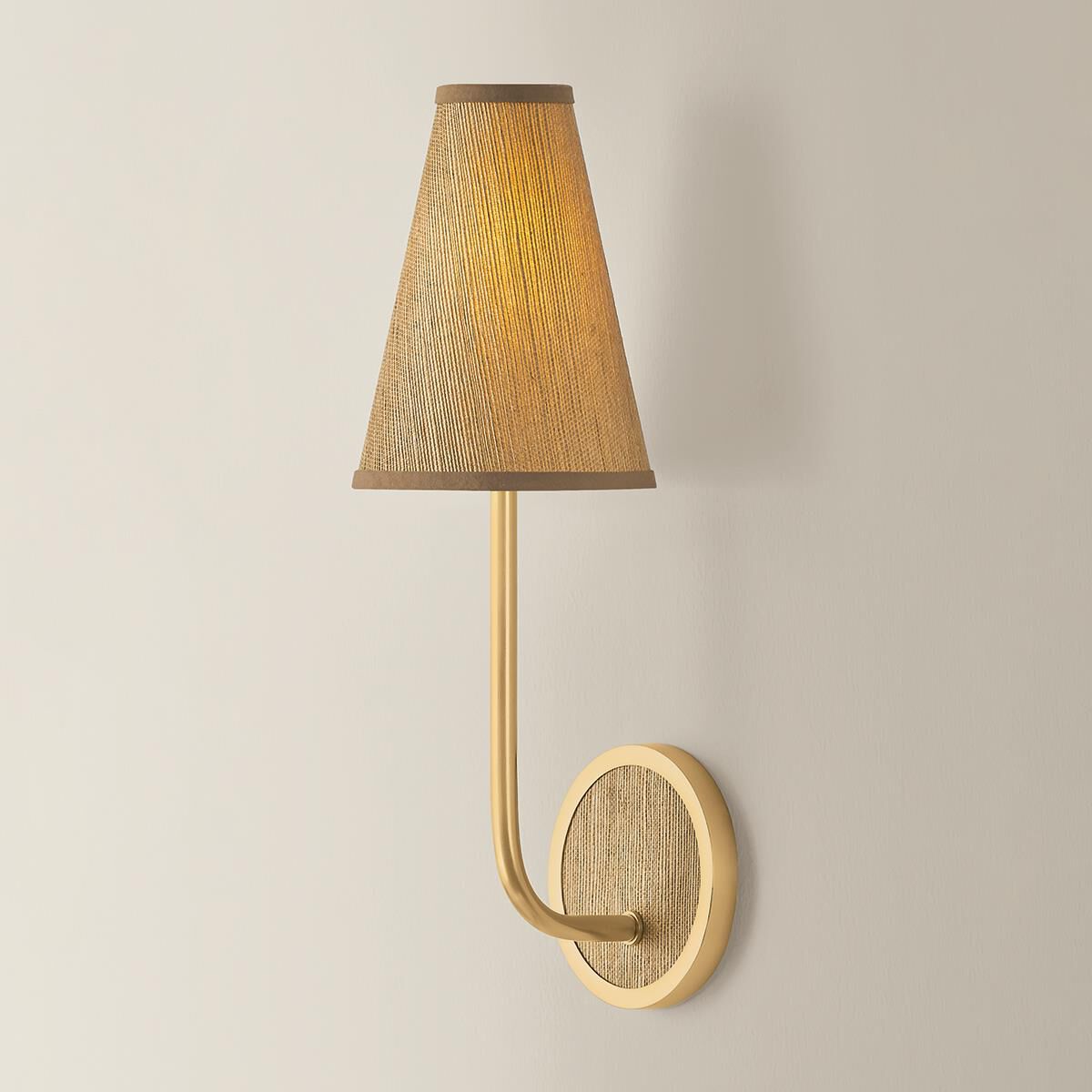 Shown in Aged Brass finish and Natural Woven Natural Grasscloth shade