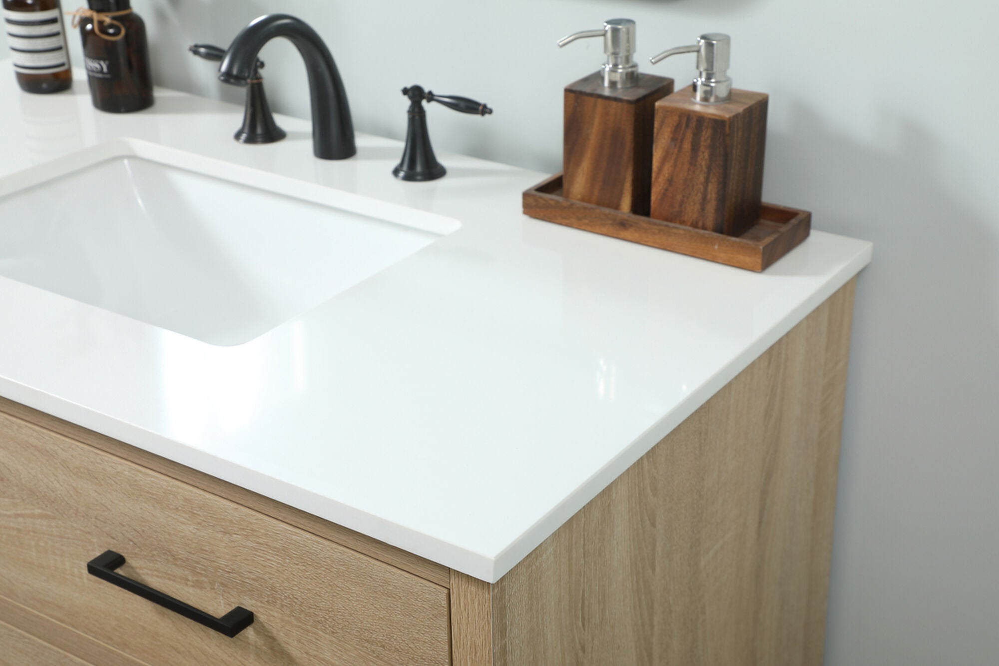 Shown in Mango Wood finish and Without Backsplash accent