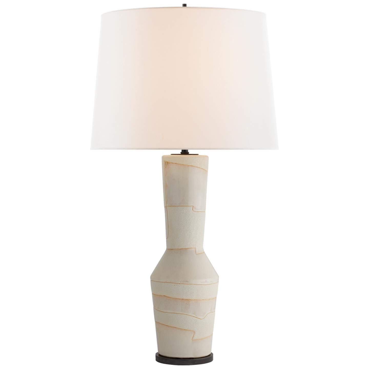 Shown in Porous White And Ivory finish and Round Linen shade