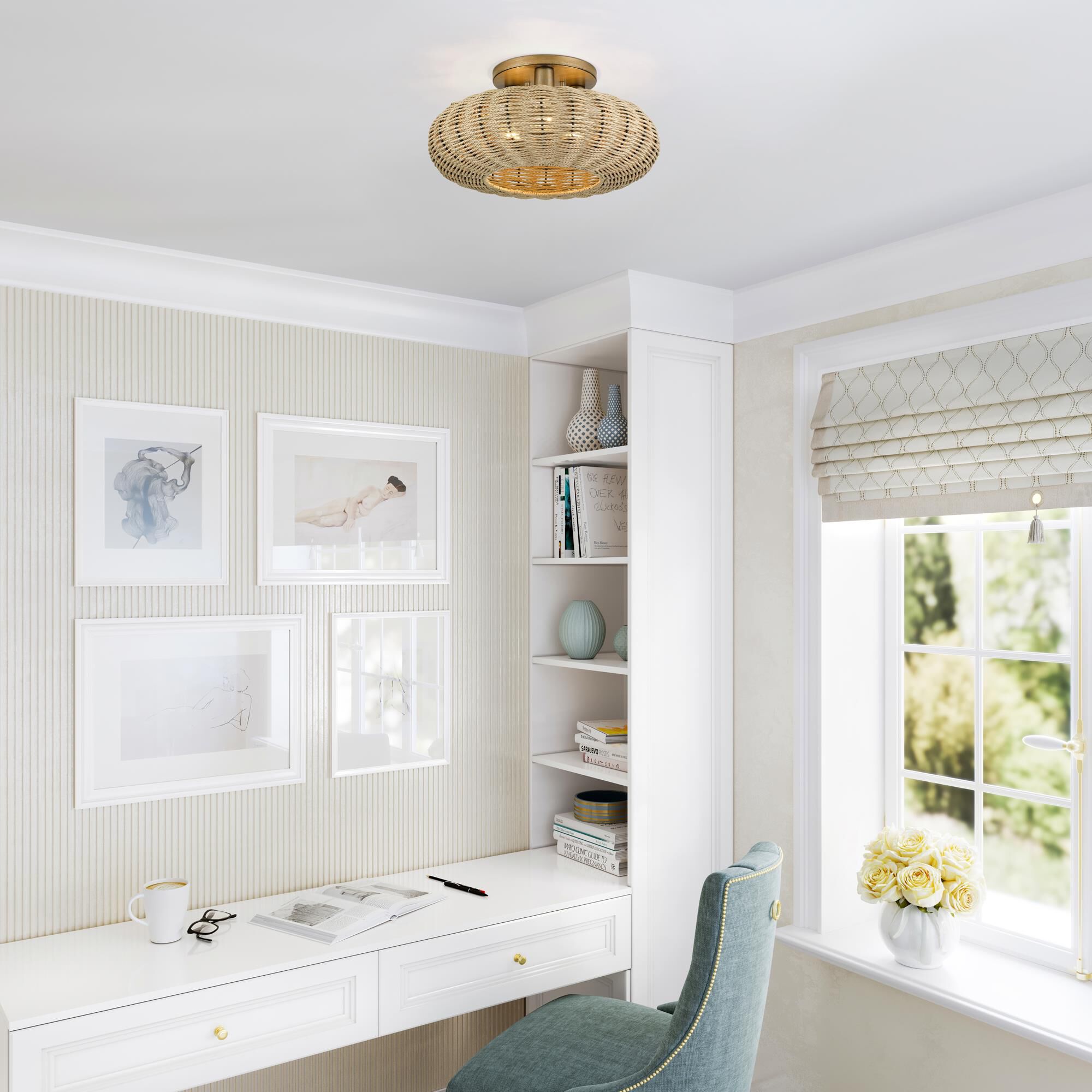 Shown in Antique Gold Leaf finish and Hand-Woven French Beige Paper Rope shade