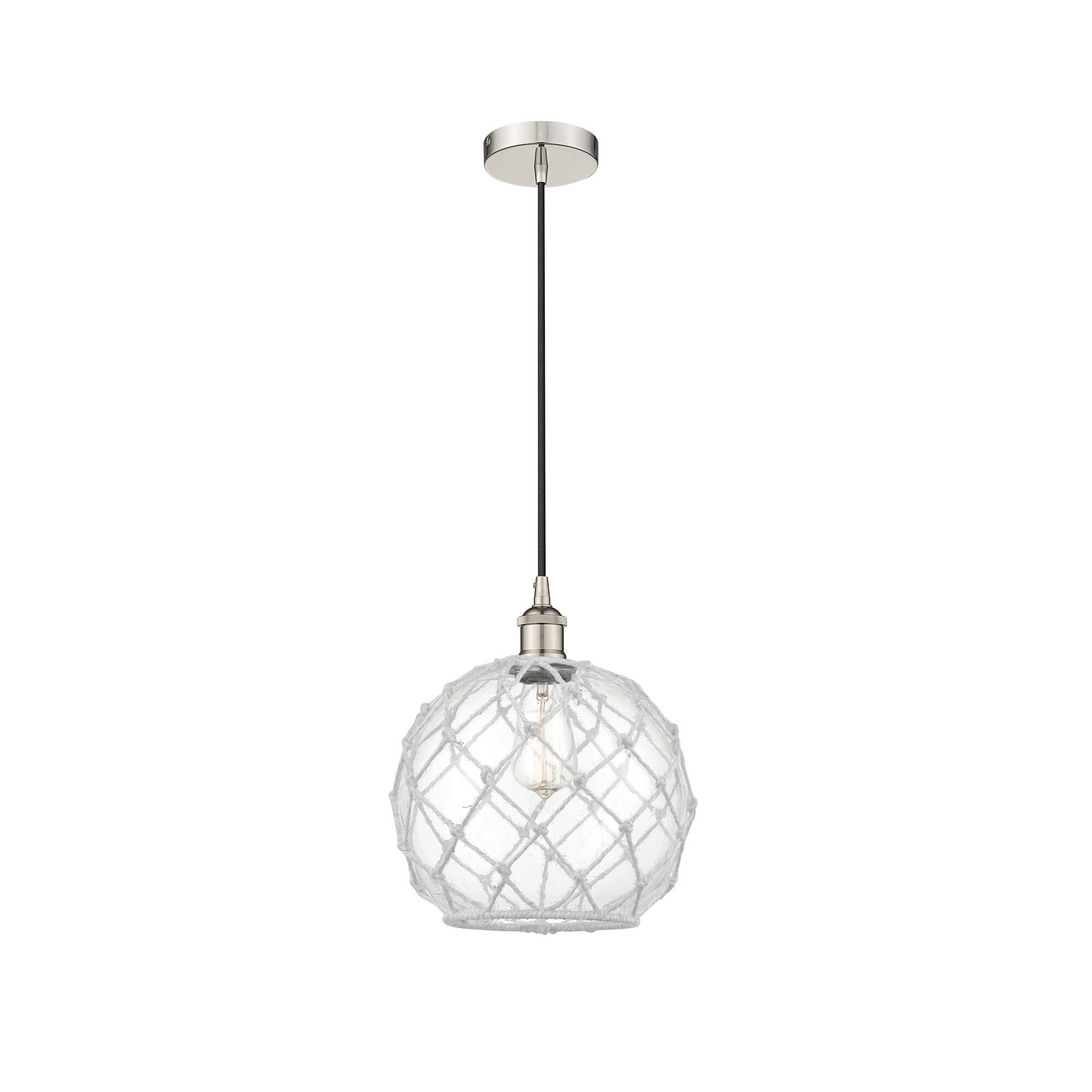 Shown in Polished Nickel finish and Clear Large Farmhouse With White Rope glass