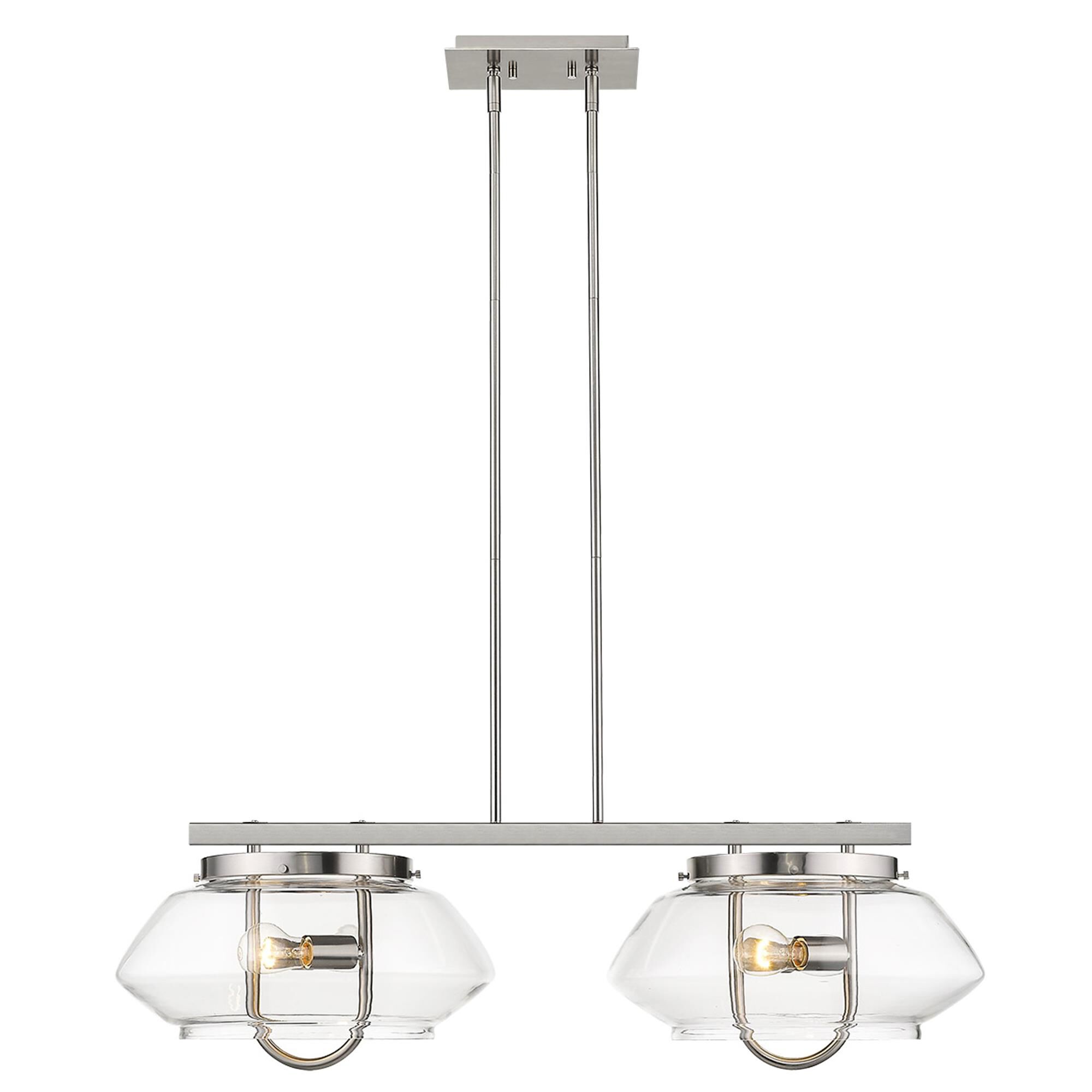 Shown in Satin Nickel finish and Clear glass and Clear Glass Drum shade