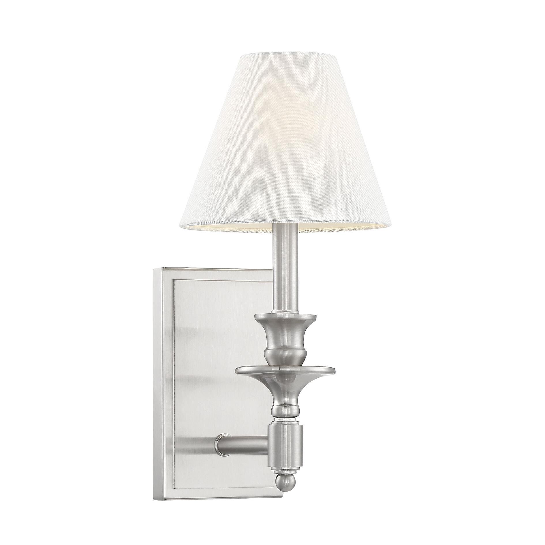 Shown in Satin Nickel finish and White Linen shade
