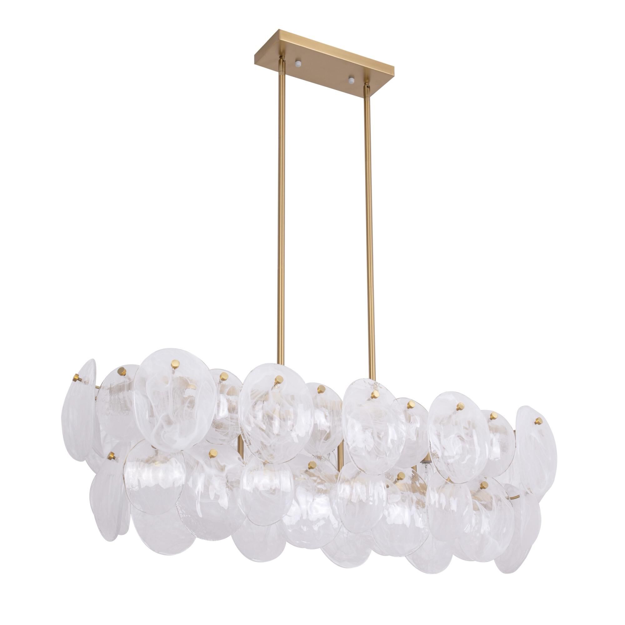 Shown in Brushed Brass finish and Wispy White Murano Style glass