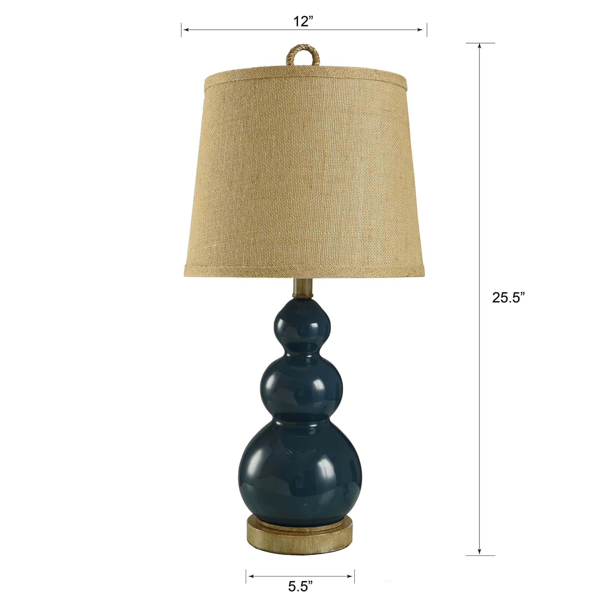 Shown in Blue, Taupe finish and Natural Trim Burlap shade