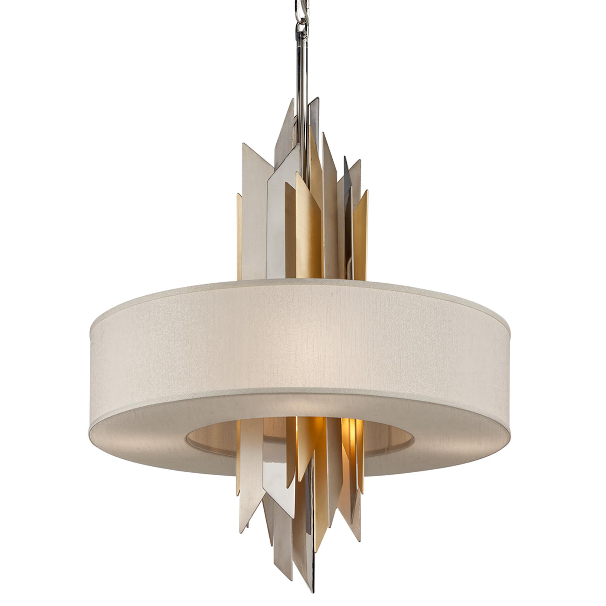 Shown in Polish Stainless With Silver And Gold Leaf finish and Ivory Ice glass and Hardback Fabric shade