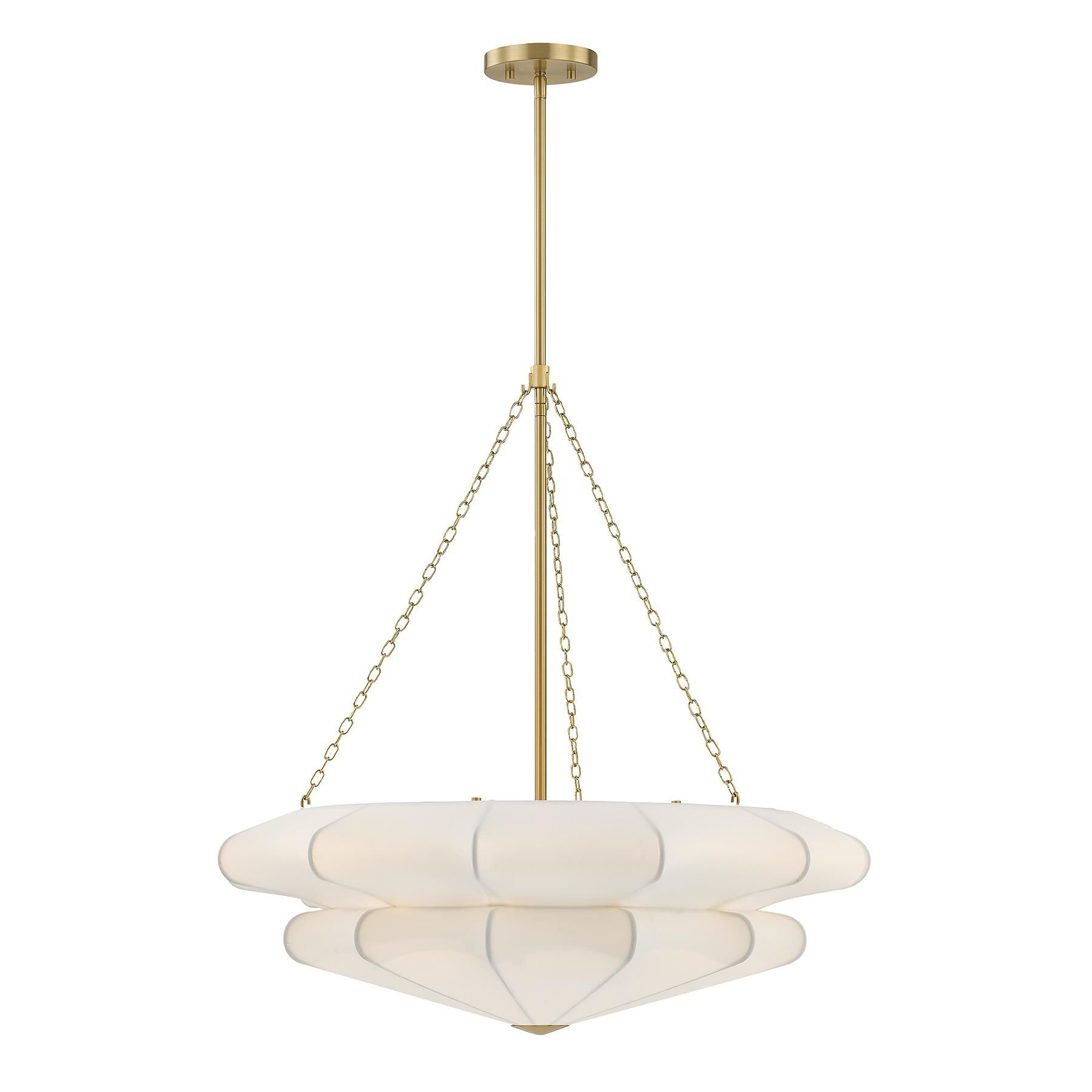Shown in Warm Brass finish and Sheer White Fabric shade