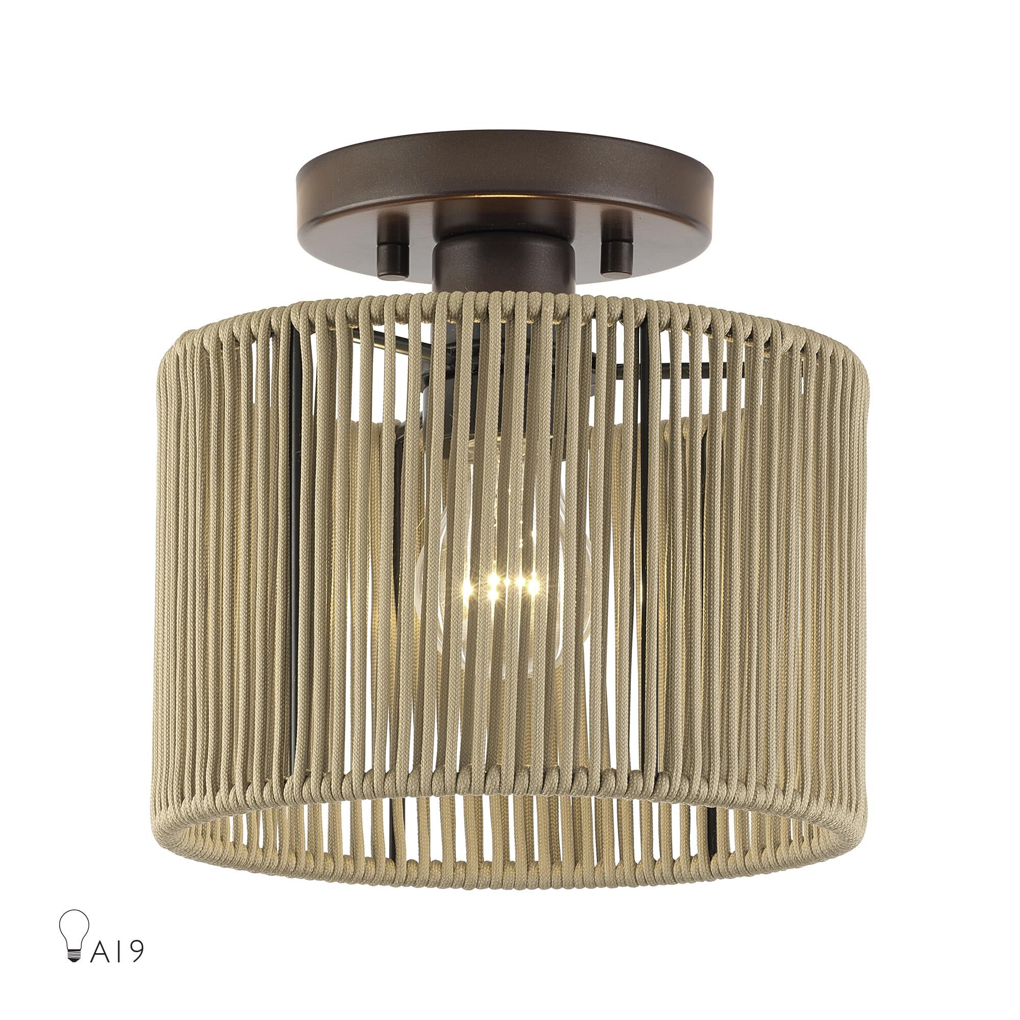 Shown in English Bronze finish and Hand-Woven Venetian Gold Color Polyester Rope shade