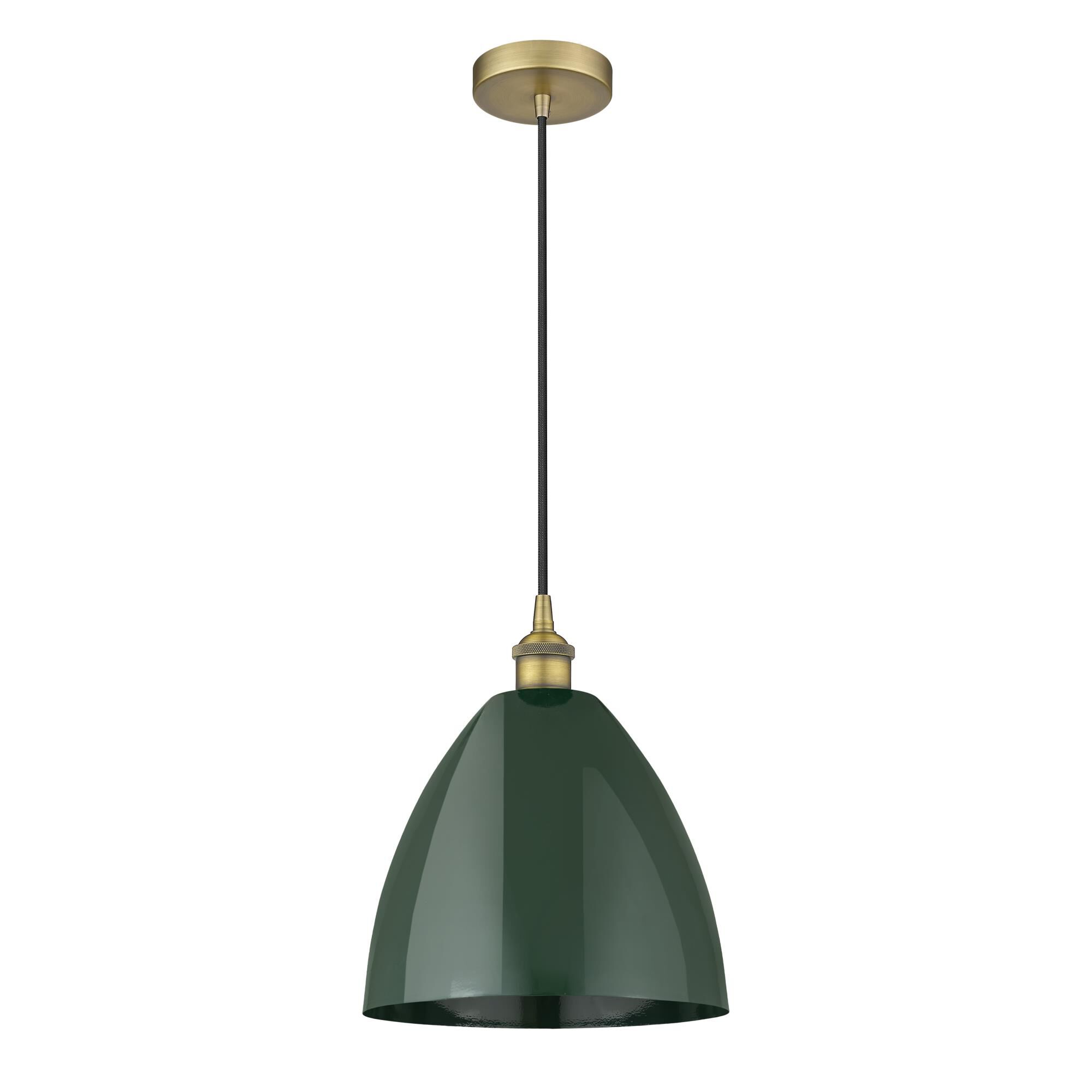 Shown in Brushed Brass finish and Green Plymouth Dome shade