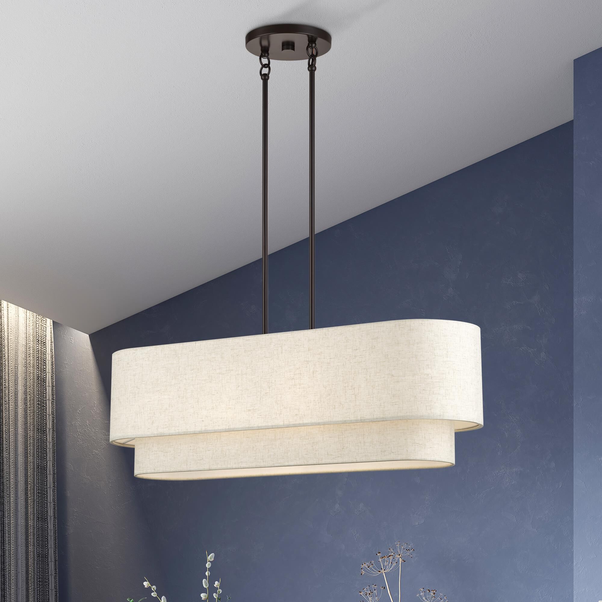 Shown in English Bronze finish and Hand Crafted Oatmeal Color Fabric with White Color Inside shade