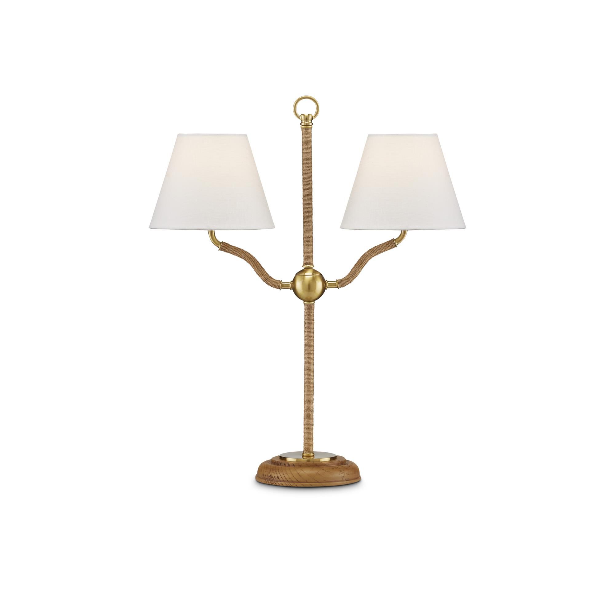 Shown in Natural/Antique Brass finish and Off-White Linen shade