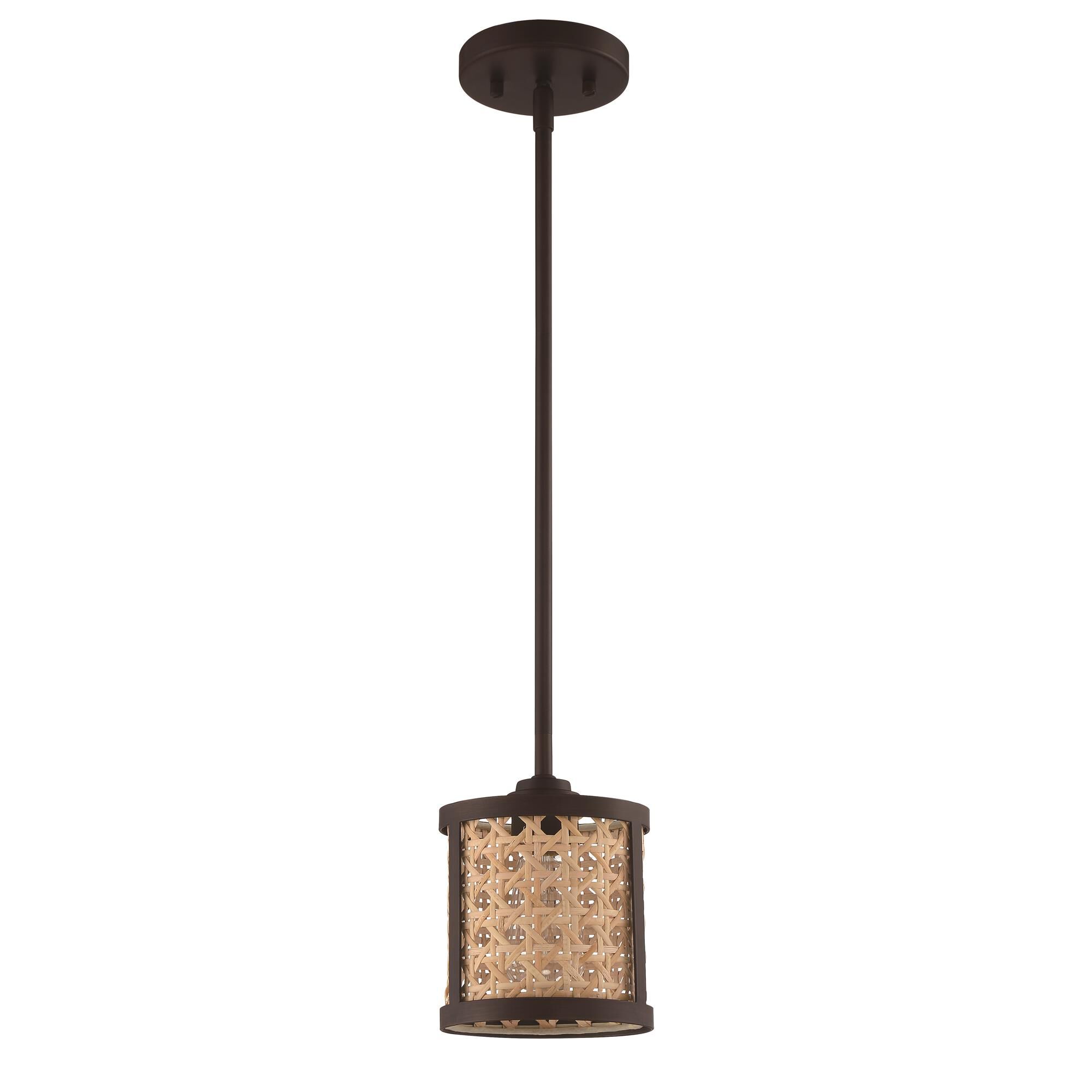 Shown in Aged Bronze Brushed finish and Natural glass and Rattan shade
