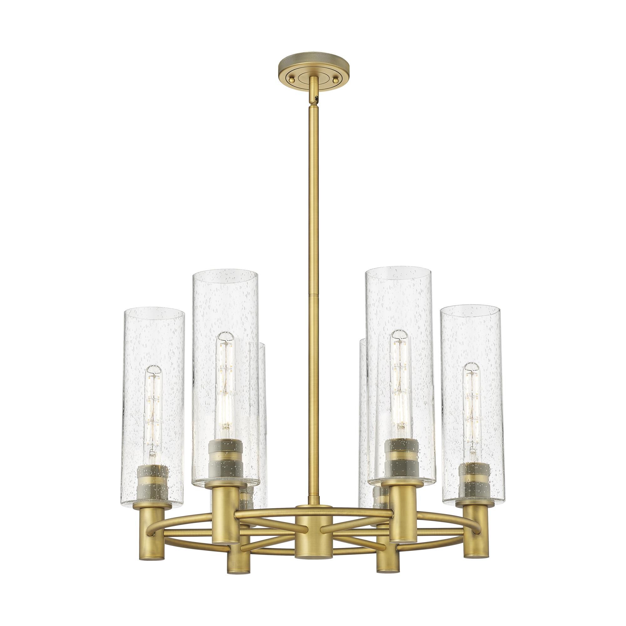 Shown in Brushed Brass finish and Seedy glass