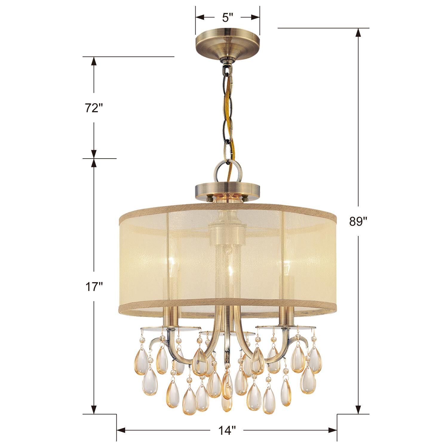 Shown in Antique Brass finish and Etruscan Teardrop Almond crystal and Silk glass and Silk shade