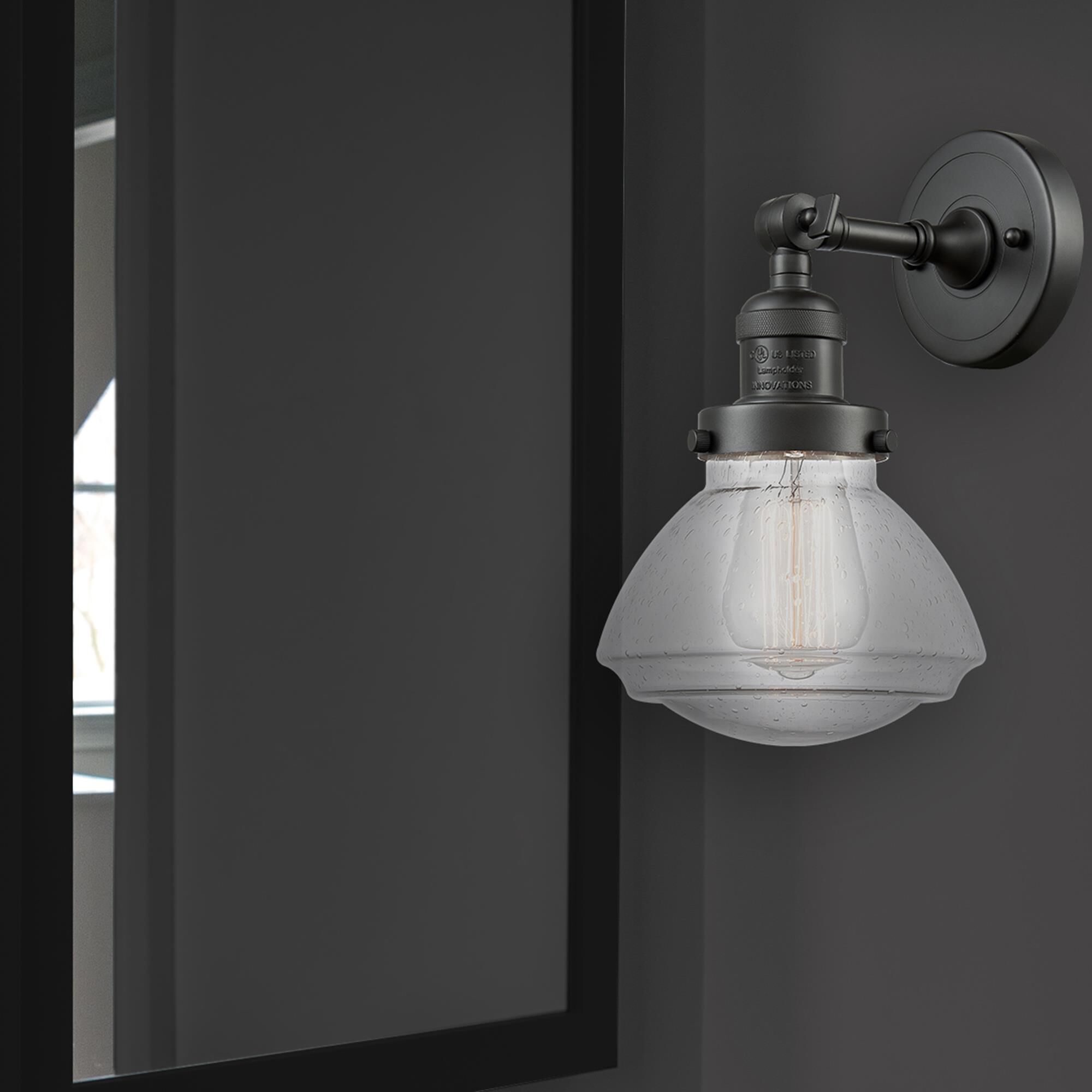 Shown in Oil Rubbed Bronze finish and Seeded Seedy Olean glass and Glass shade and Bulb Tint - Amber accent