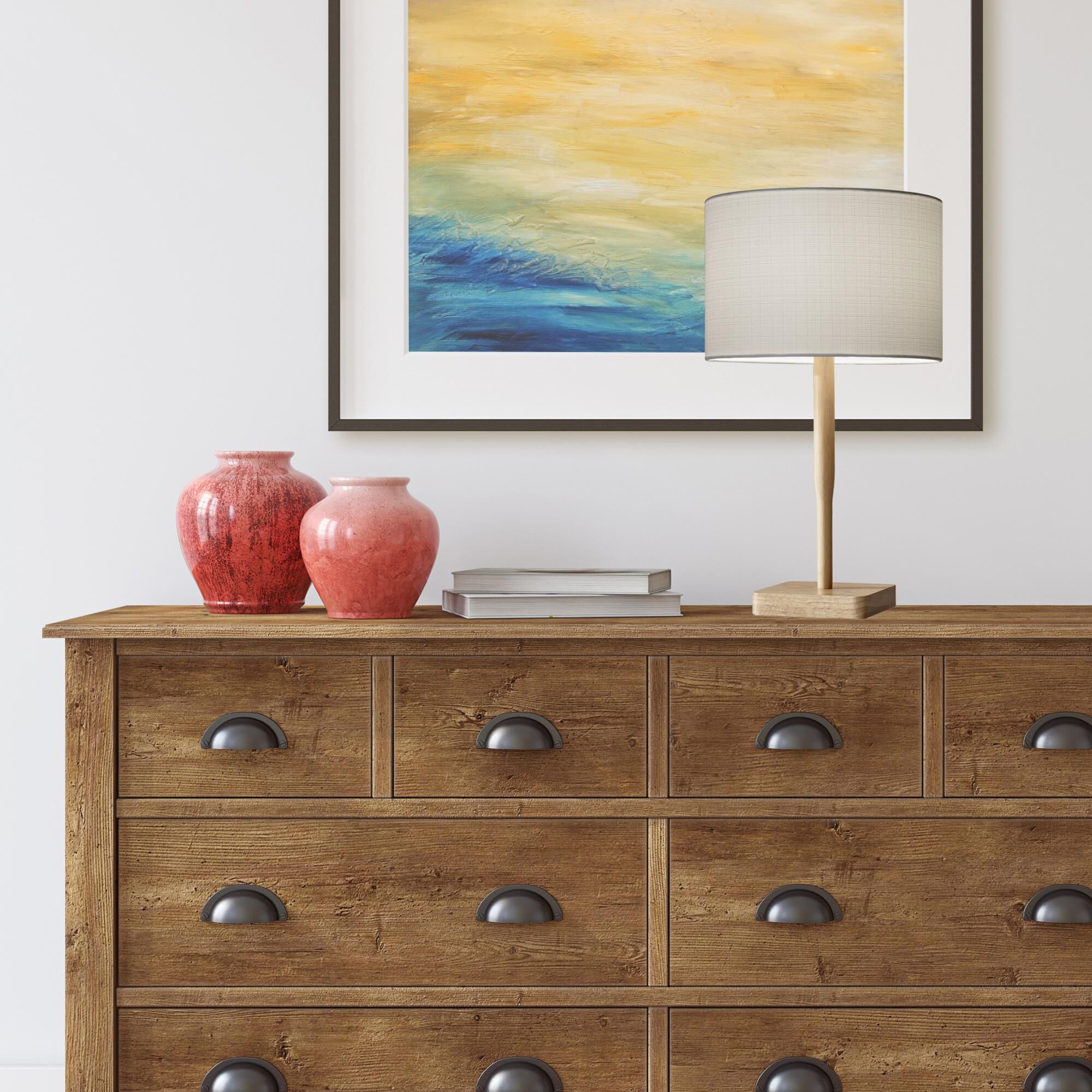 Shown in Natural Rubber Wood finish and White Paris Linen shade