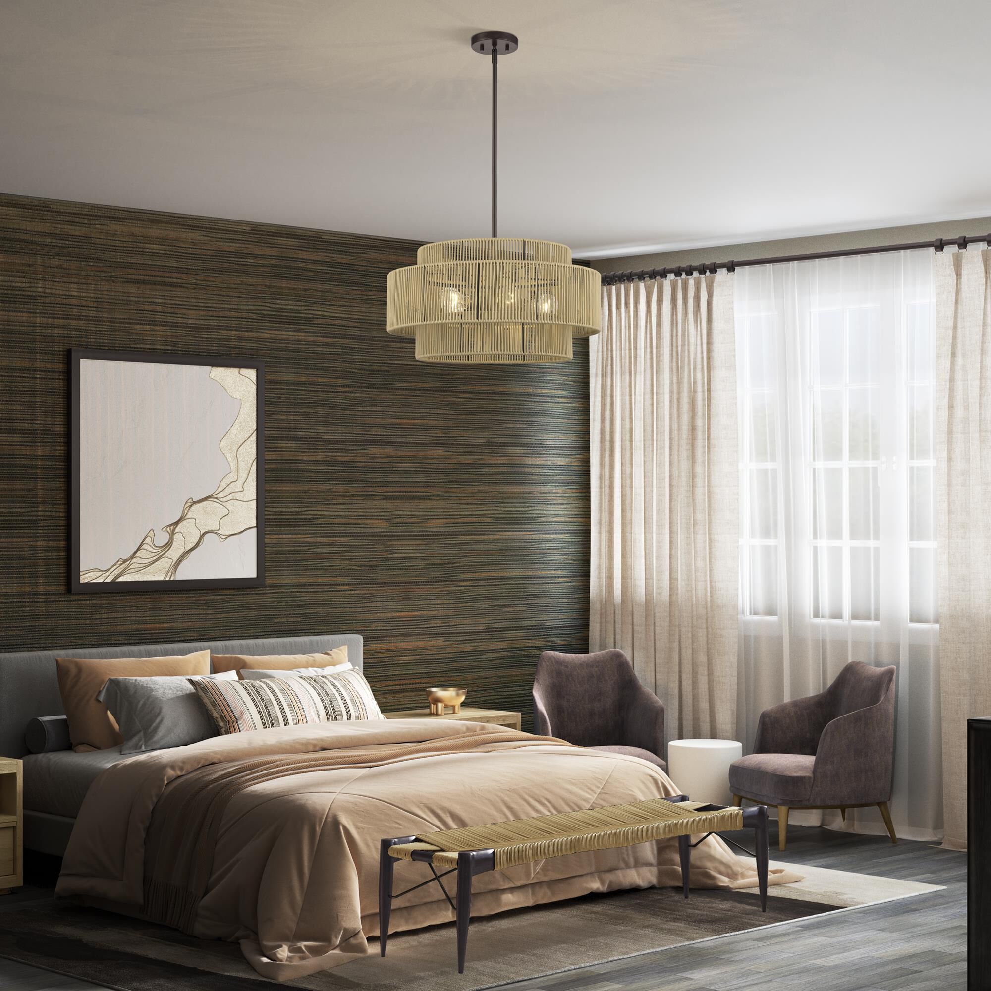 Shown in English Bronze finish and Hand-Woven Venetian Gold Color Polyester Rope shade