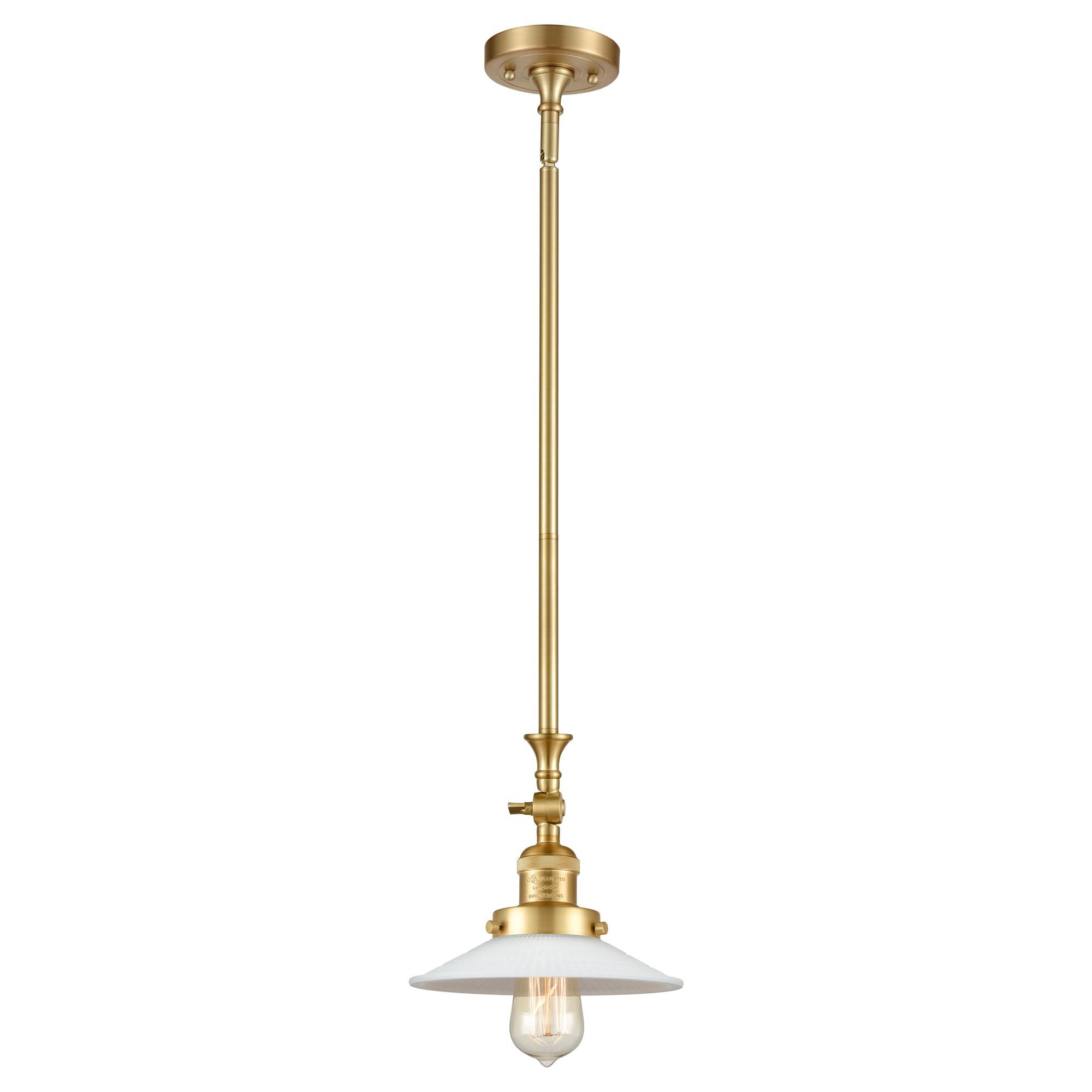 Shown in Satin Gold finish and White Halophane glass