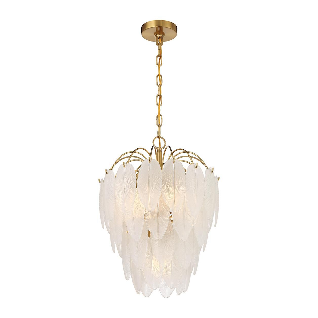 Shown in Warm Brass finish and Frosted Feather glass