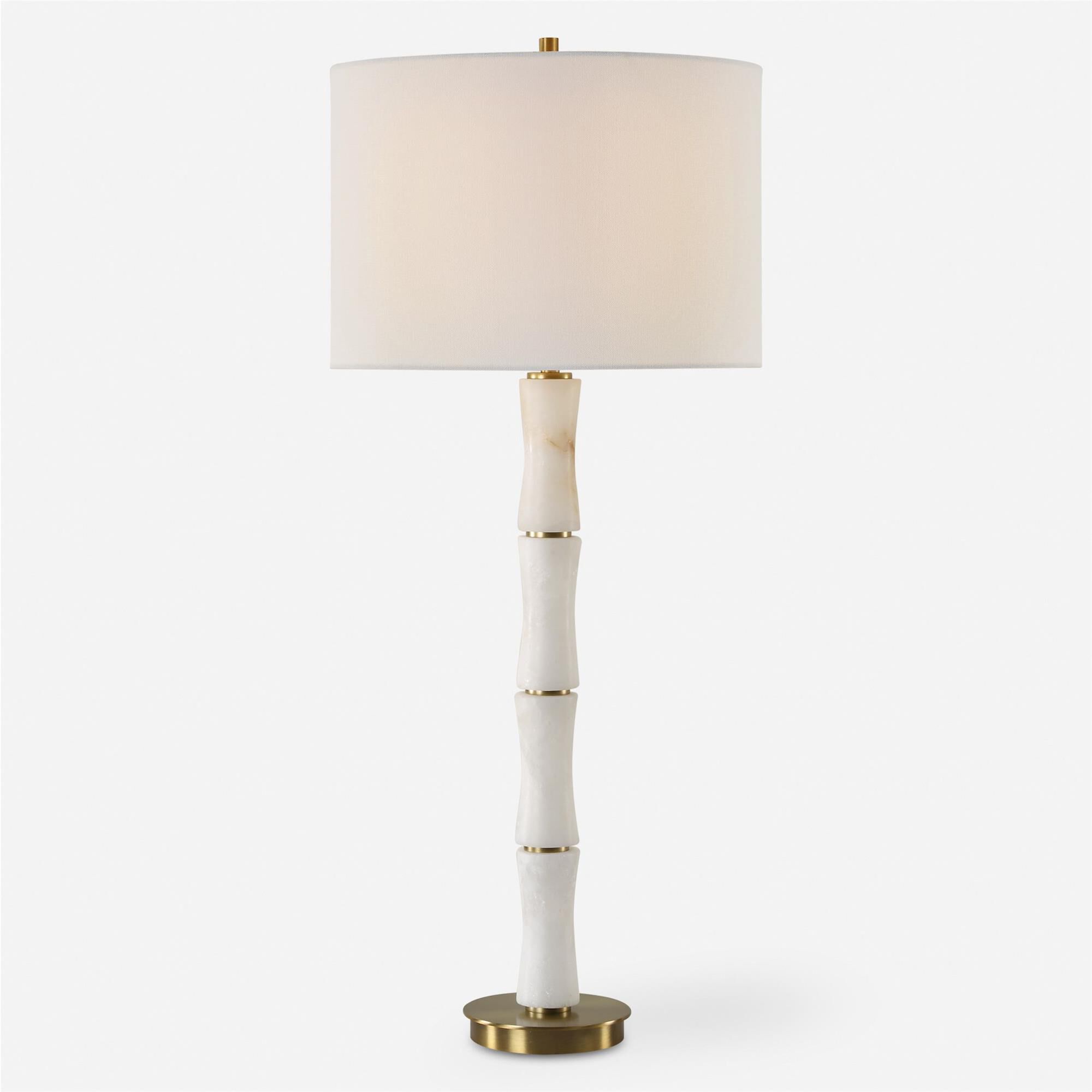 Shown in Crafted From Polished Alabaster Meticulously Sculpted Into The Graceful Form Of A Bamboo Shoot, This finish and Round Drum Hardback shade