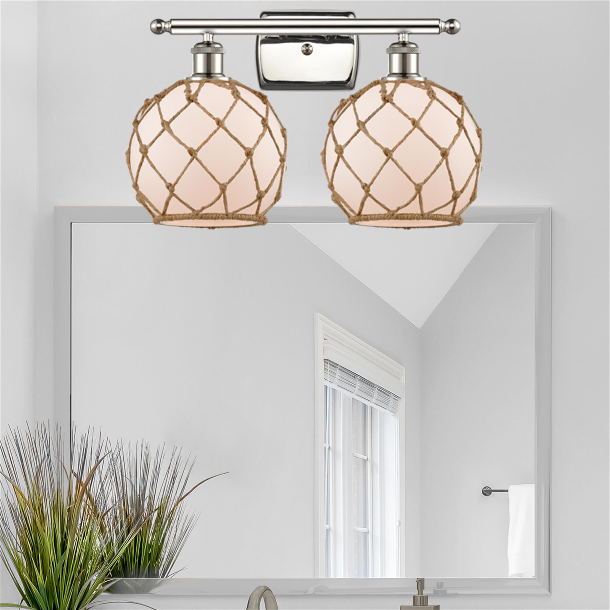 Shown in Polished Nickel finish and White glass and Brown Rope accent