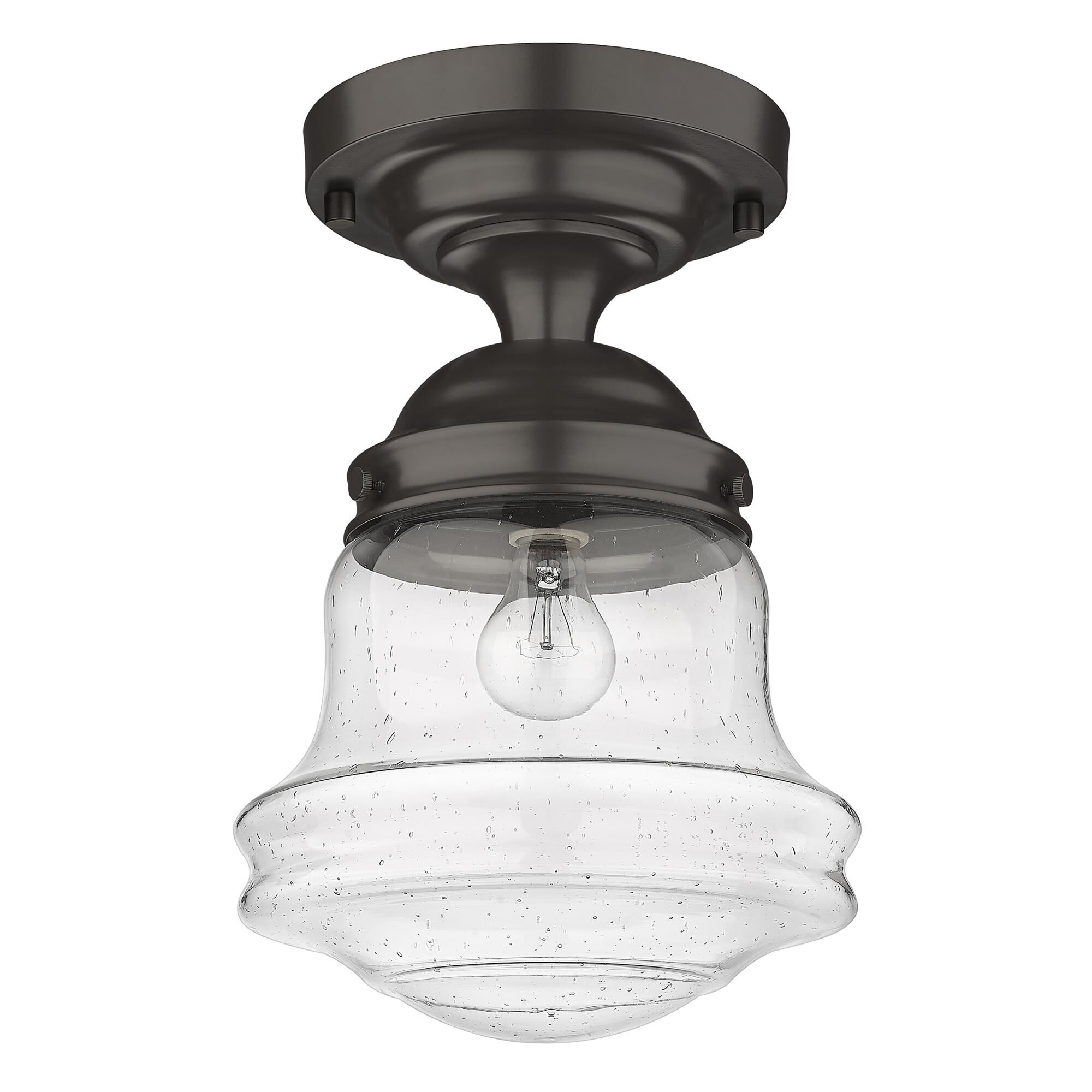 Shown in Bronze finish and Clear Seedy glass