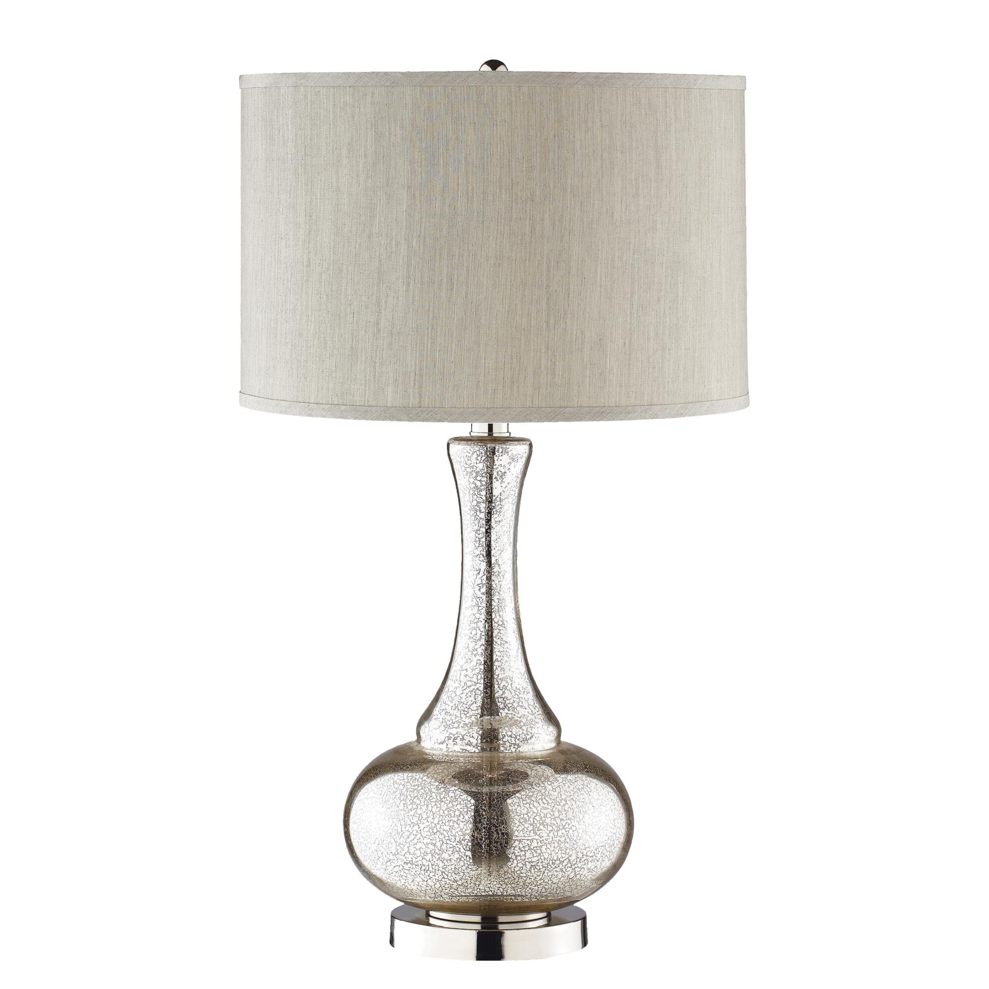 Shown in Antique Mercury finish and Gray Faux Silk Drum Shade glass and Gray Faux Silk Drum shade