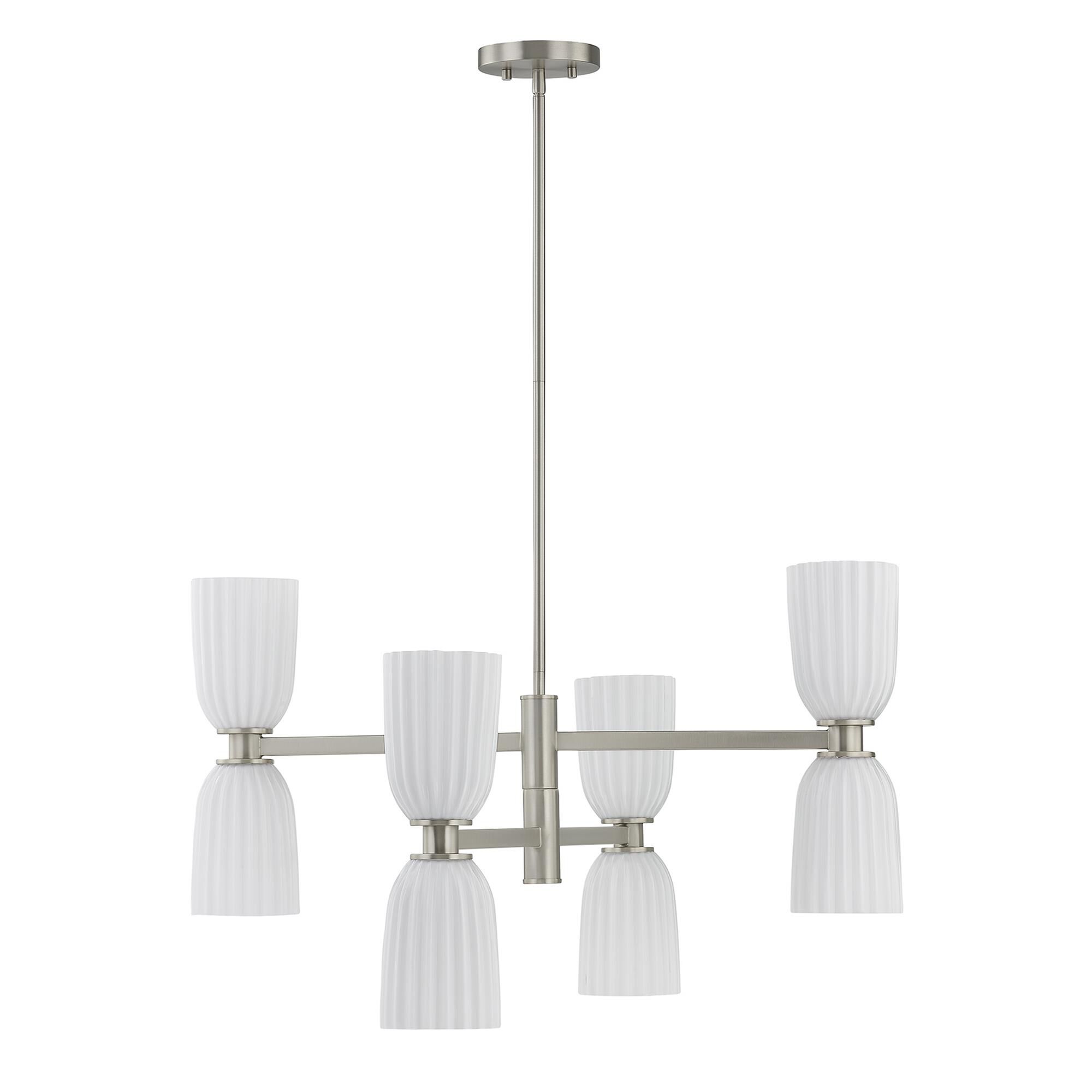 Shown in Satin Nickel finish and White Opal Ribbed glass