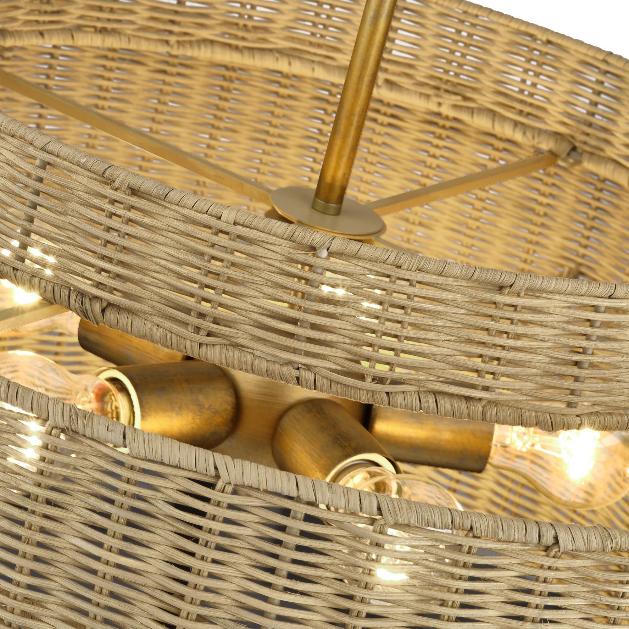 Shown in Antique Gold Leaf finish and Hand-Woven Rustic Walnut Color Rattan shade