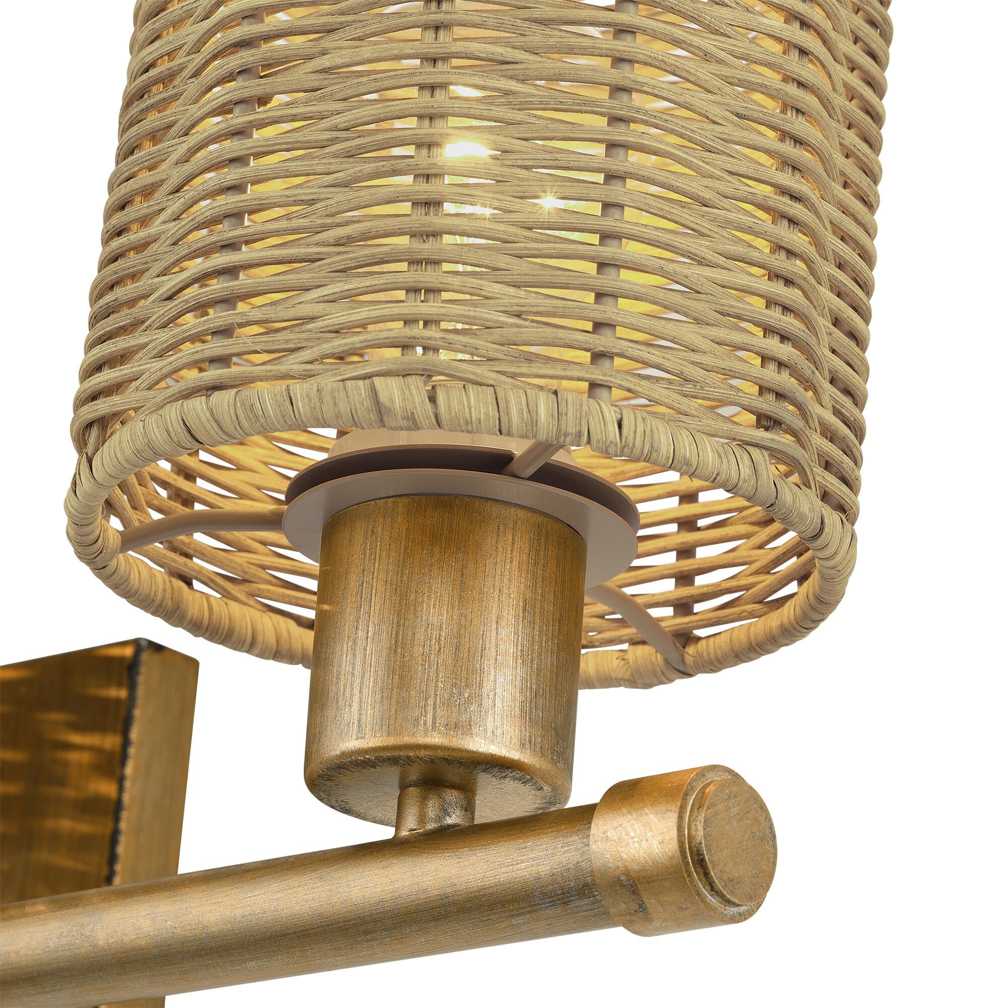 Shown in Antique Gold Leaf finish and Hand-Woven Rustic Walnut Color Rattan shade