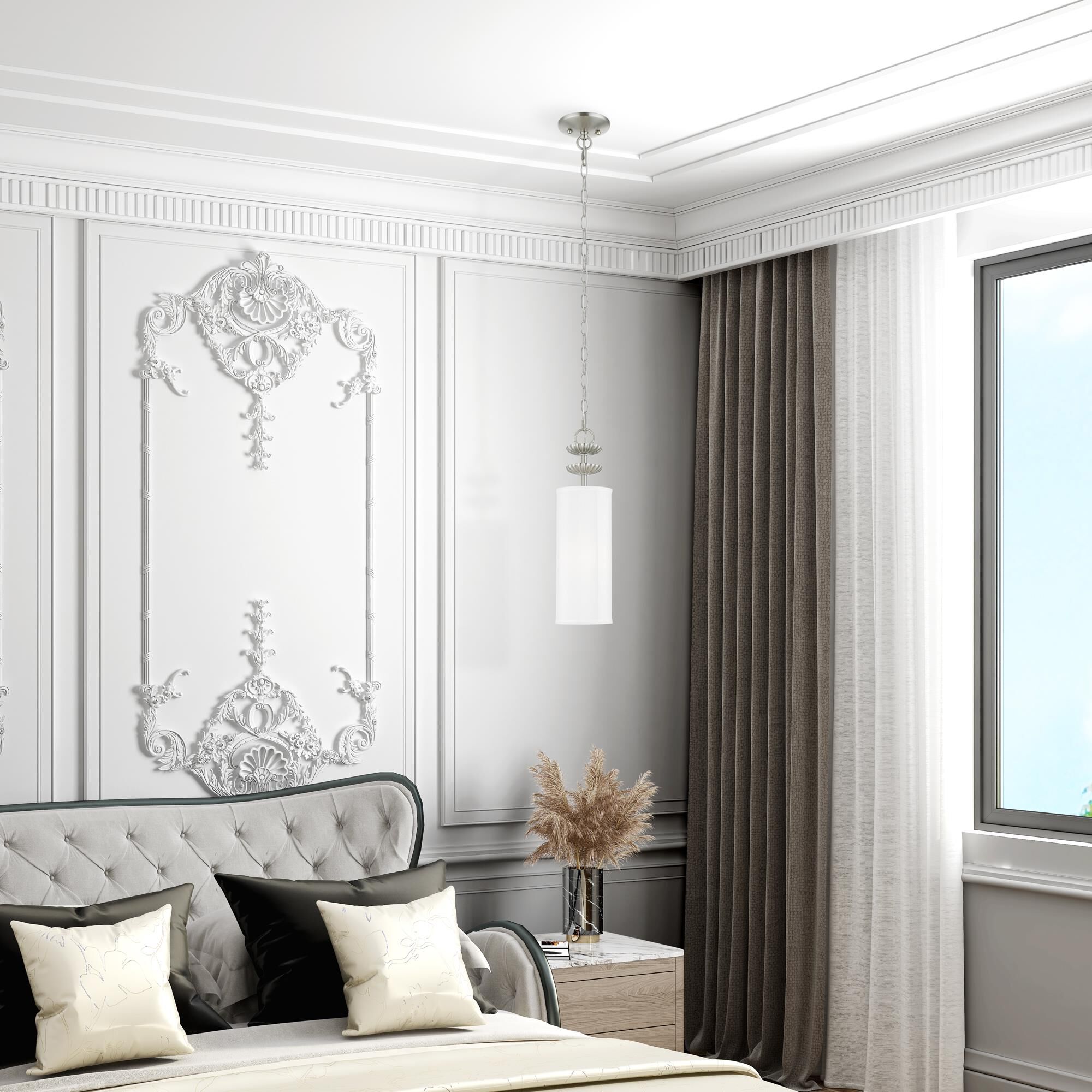 Shown in Brushed Nickel finish and Off-White Fabric Hardback with White Fabric Inside shade