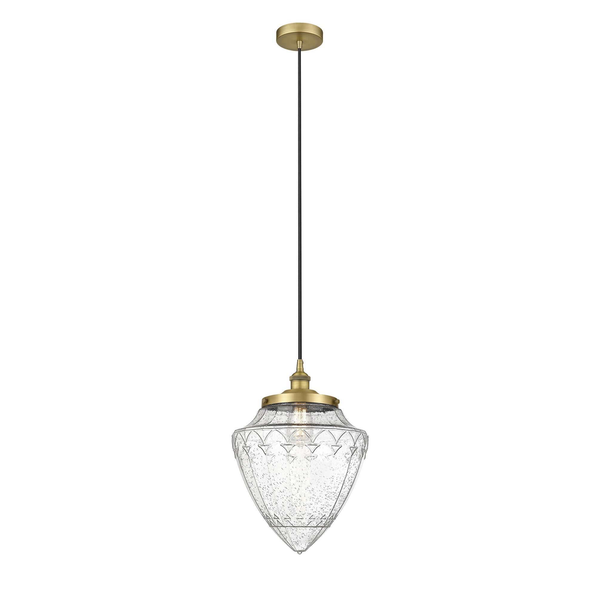 Shown in Brushed Brass finish and Seedy glass
