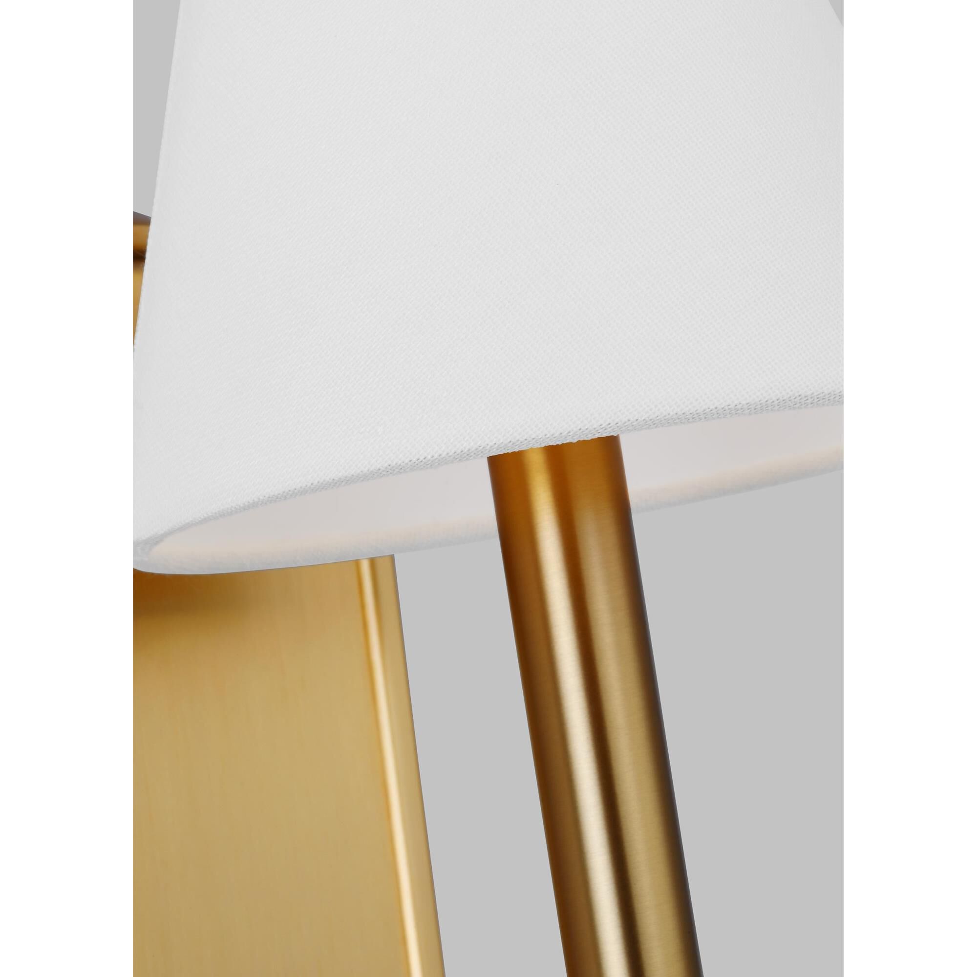 Shown in Burnished Brass finish and White Linen Fabric shade