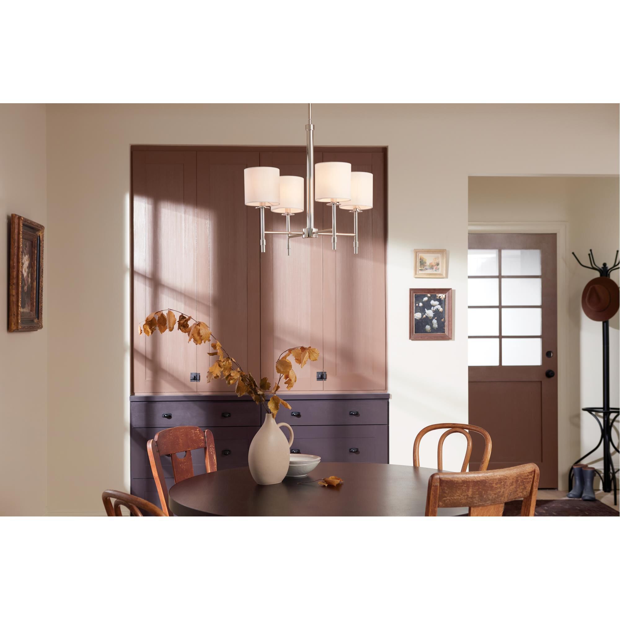 Shown in Polished Nickel finish and Fabric and Drum shade