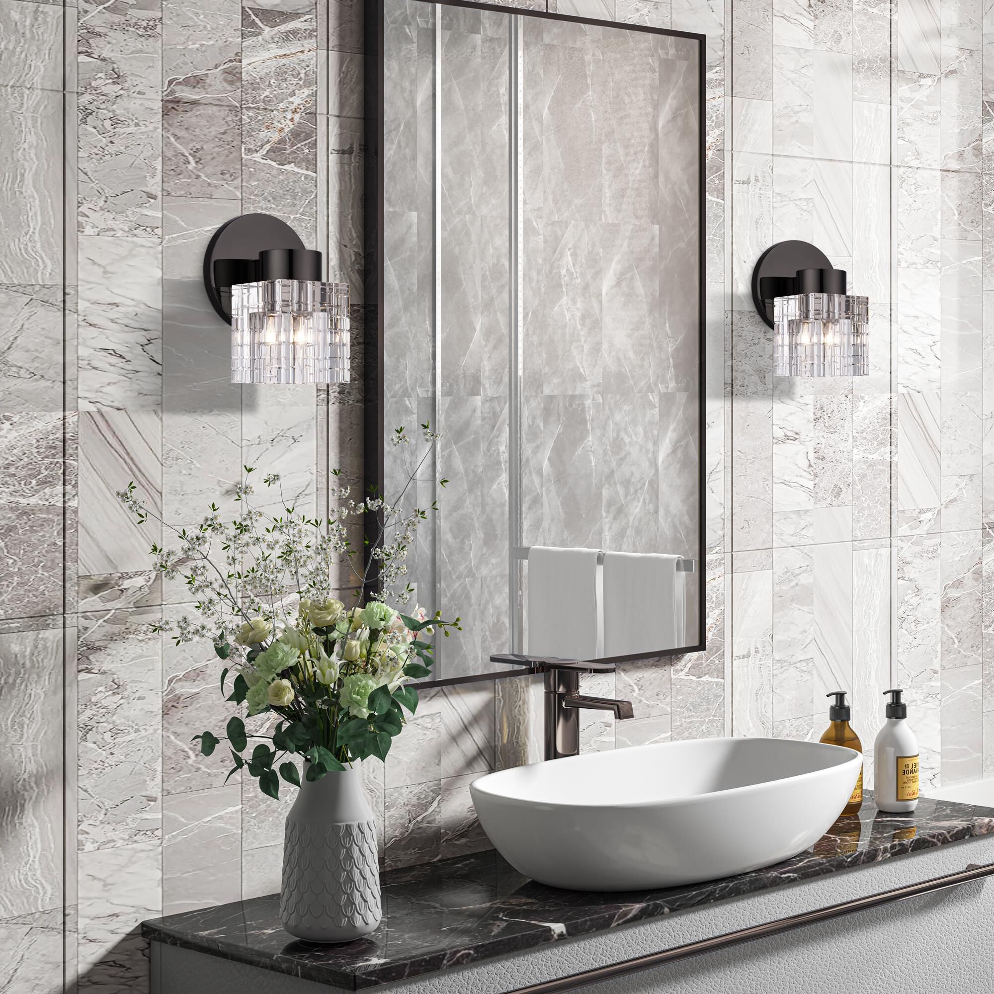 Shown in Black Chrome finish and Crystal glass