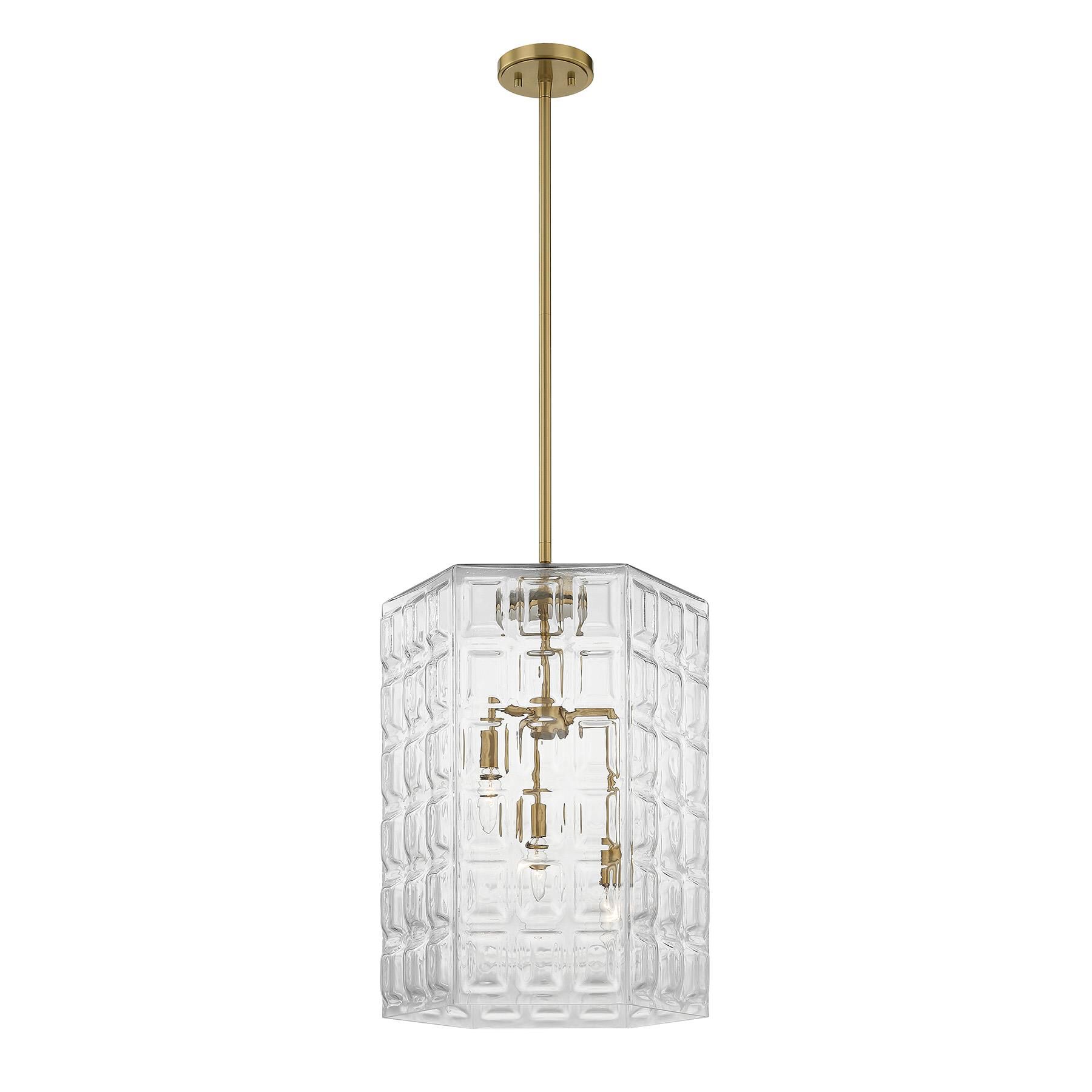 Shown in Warm Brass finish and Clear Geometric glass