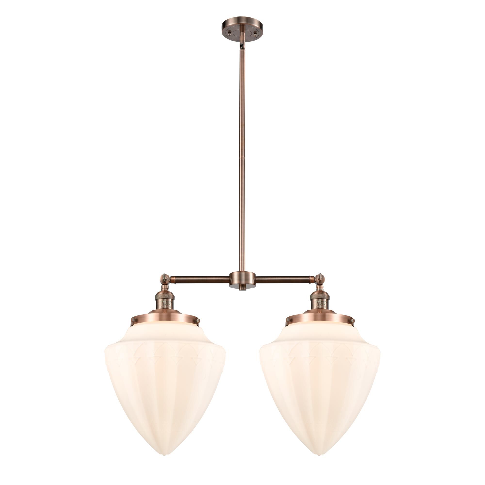 Shown in Antique Copper finish and Matte White glass