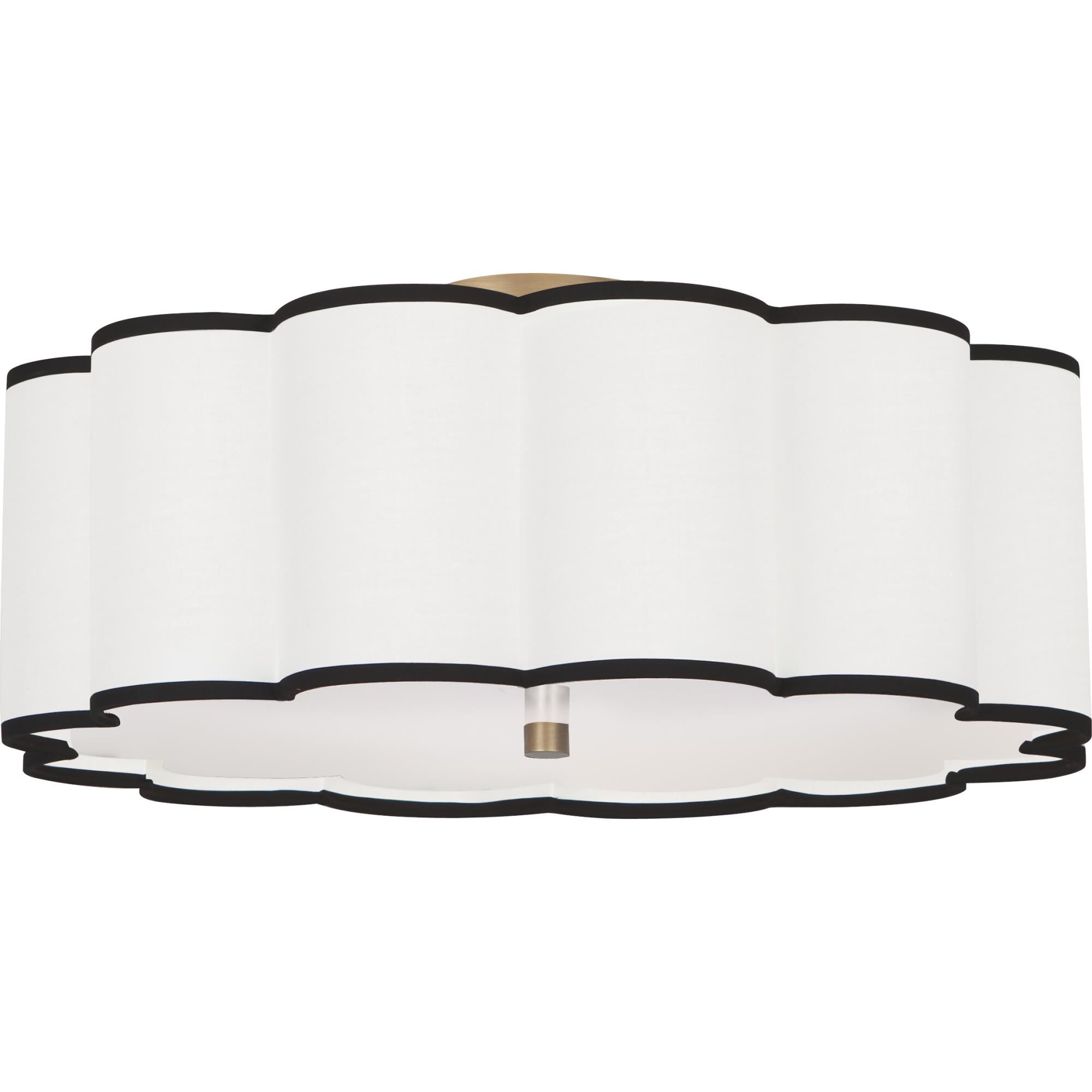 Shown in Aged Brass  finish and Scalloped Fondine Fabric With Black Contrasting Trim shade