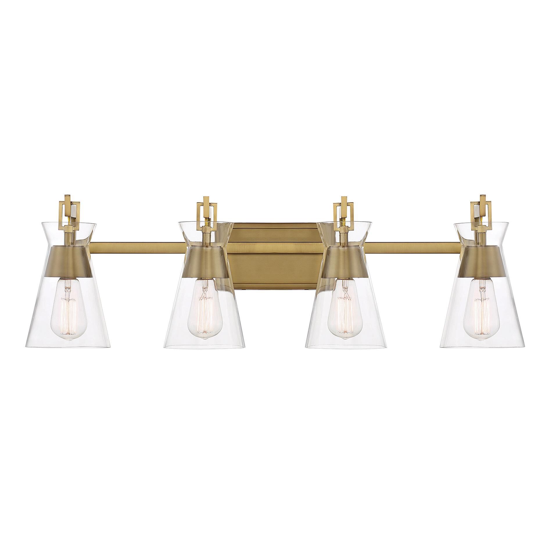Shown in Warm Brass finish and Clear glass and Glass shade